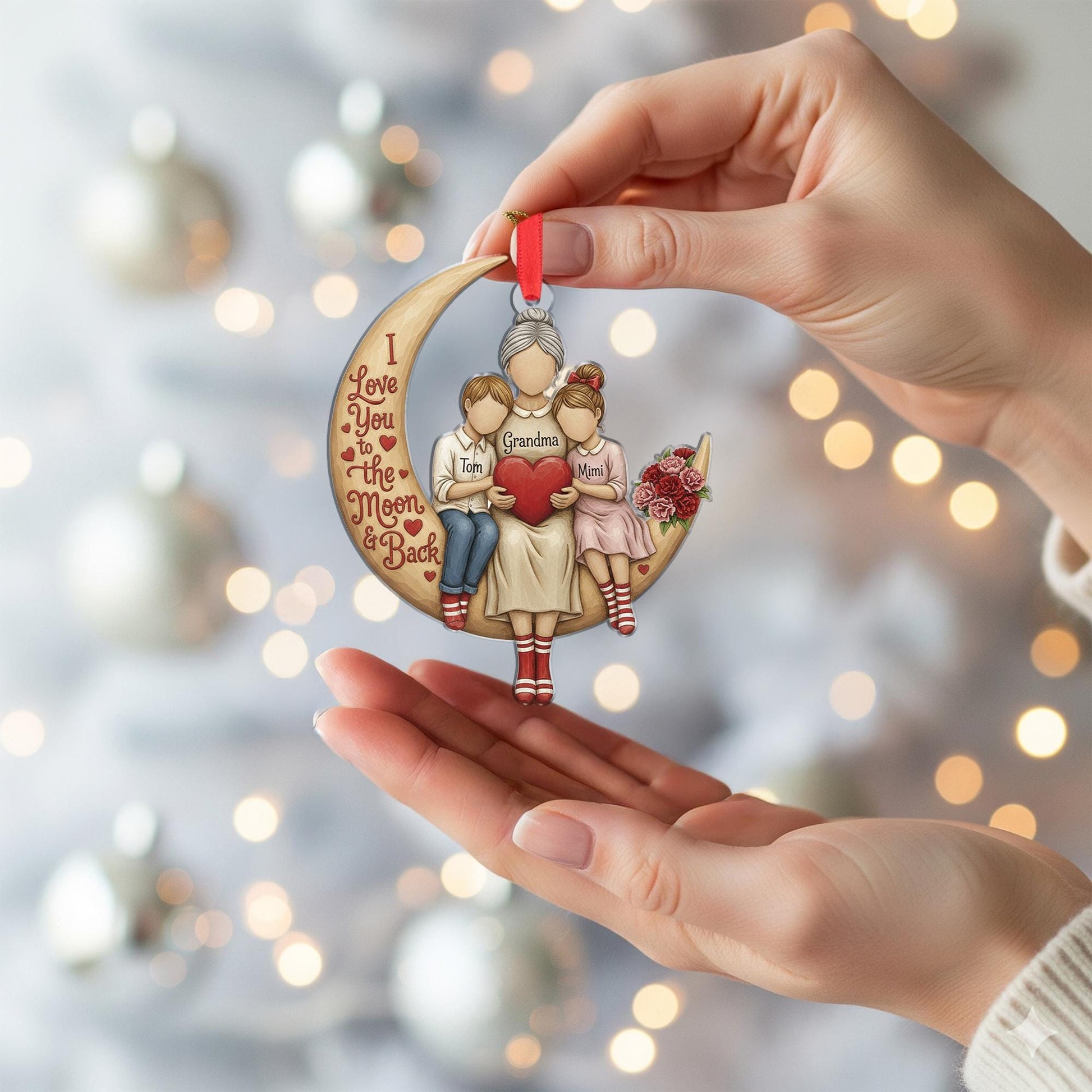 Personalized Acrylic Ornament – Family on Moon Design, Custom Name Decoration, Heart Theme Keepsake image 5