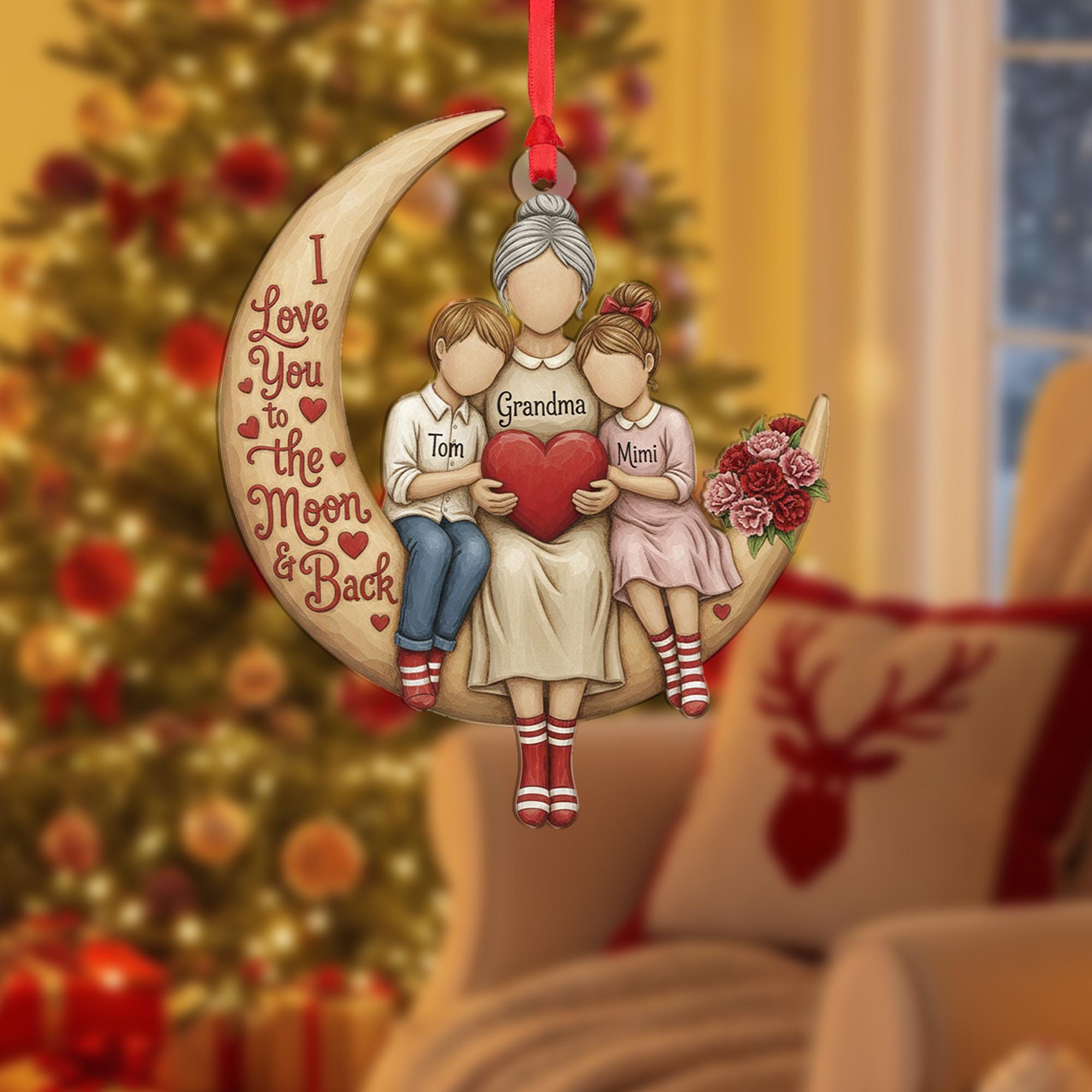 Personalized Acrylic Ornament – Family on Moon Design, Custom Name Decoration, Heart Theme Keepsake image 7