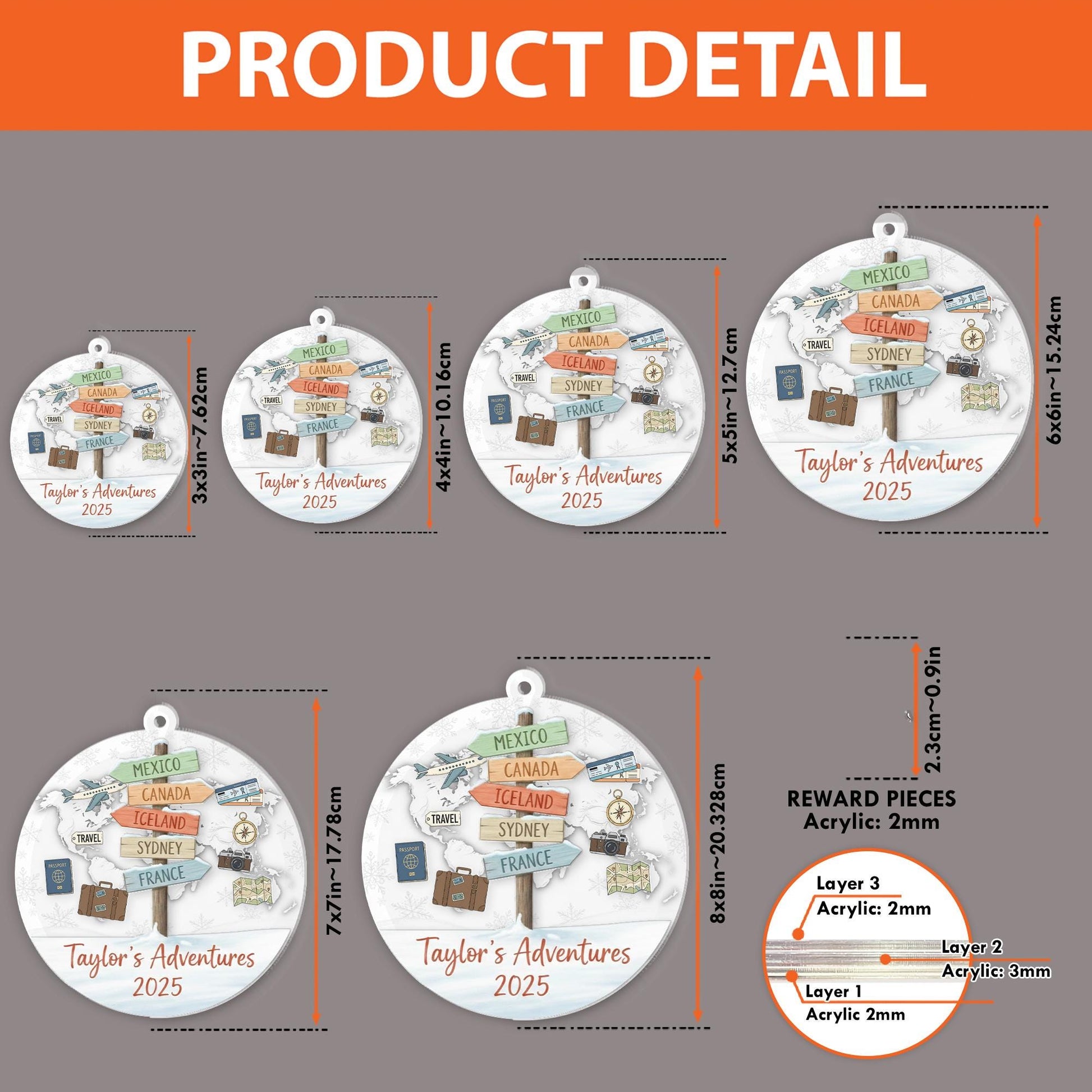 Personalized Travel Adventure Ornament 2025 – 3 Layer Acrylic Shaker with Map, Airplane & Signpost Design image 3