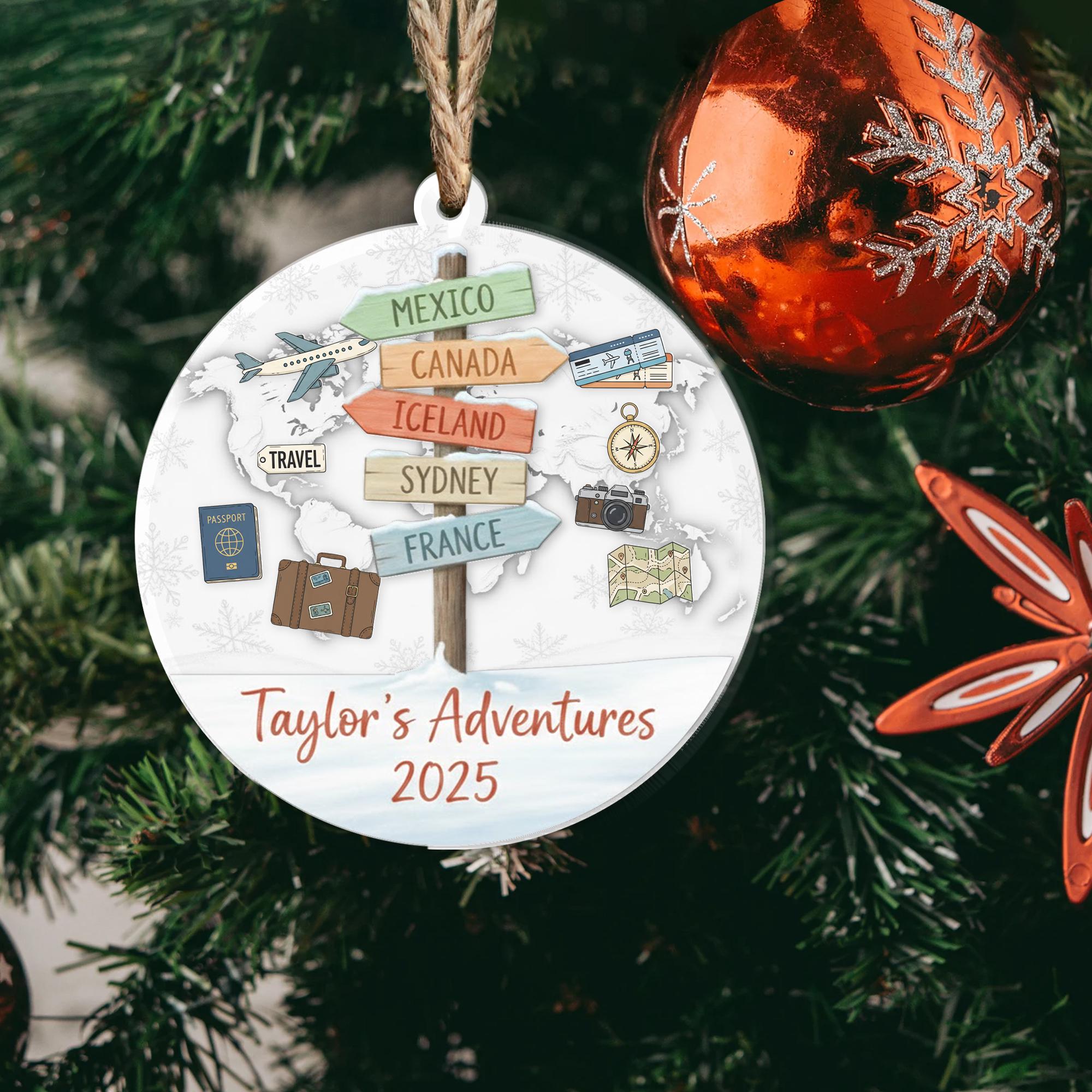 Personalized Travel Adventure Ornament 2025 – 3 Layer Acrylic Shaker with Map, Airplane & Signpost Design image 4