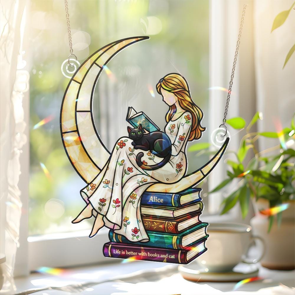 Personalized Book Lover Moon Window Hanging – Cat and Girl Suncatcher Gift for Readers image 1