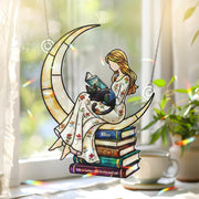Personalized Book Lover Moon Window Hanging – Cat and Girl Suncatcher Gift for Readers image 1