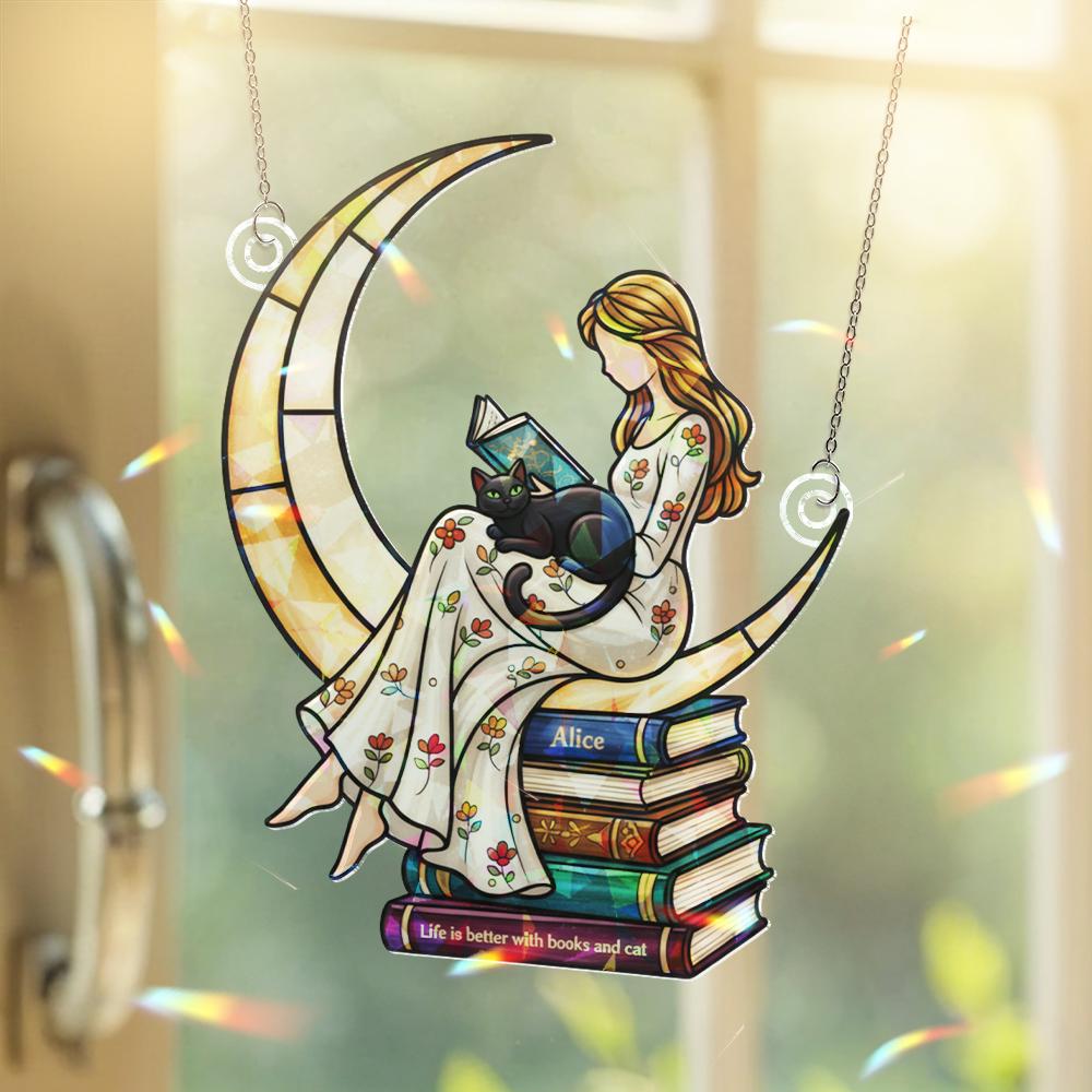 Personalized Book Lover Moon Window Hanging – Cat and Girl Suncatcher Gift for Readers image 2