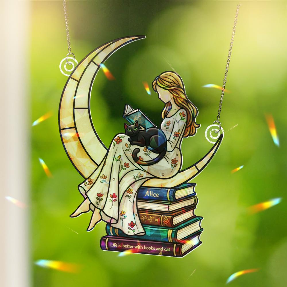 Personalized Book Lover Moon Window Hanging – Cat and Girl Suncatcher Gift for Readers image 4