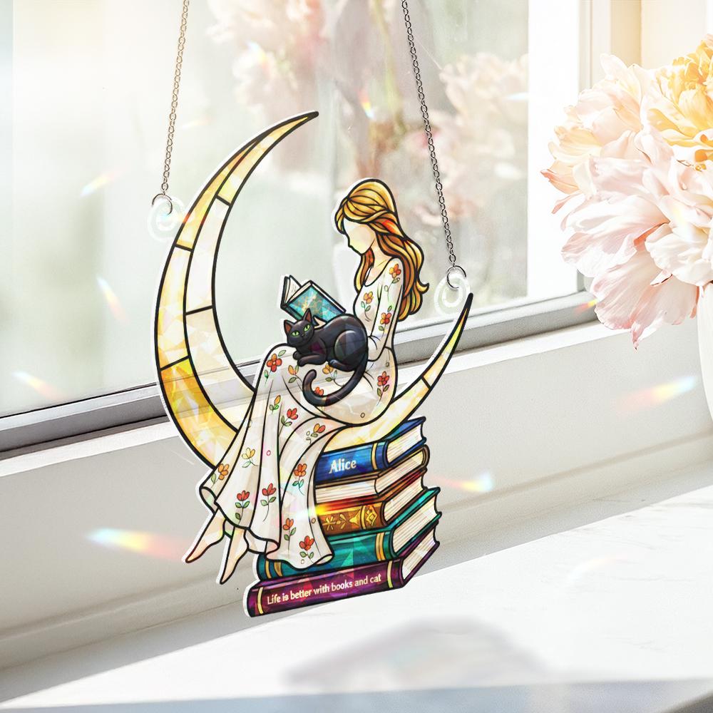 Personalized Book Lover Moon Window Hanging – Cat and Girl Suncatcher Gift for Readers image 3