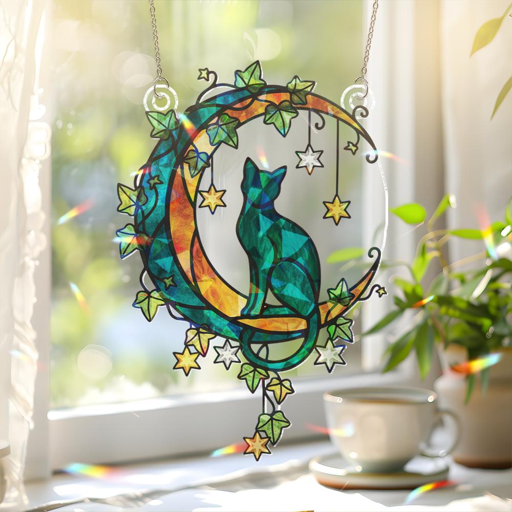 Cat on Crescent Moon Window Hanging – Starry Night Suncatcher Gift for Cat Lovers image 2
