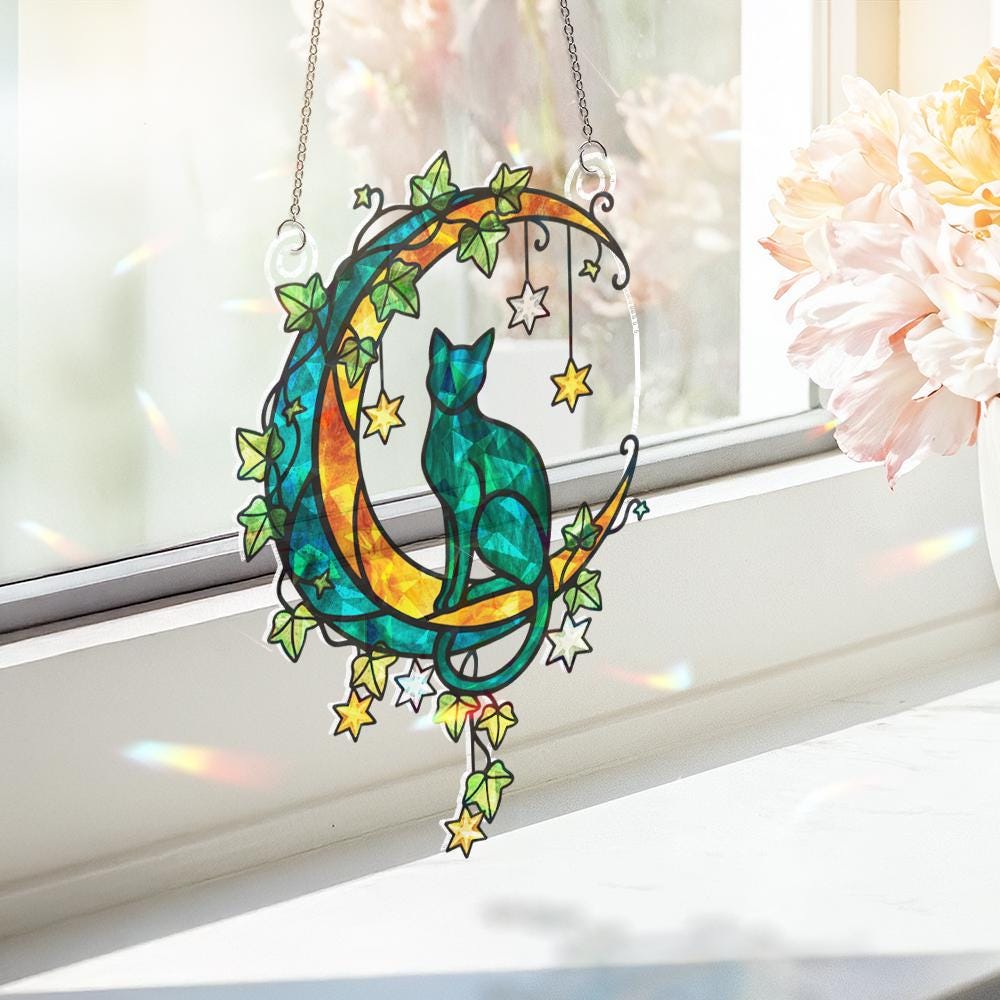 Cat on Crescent Moon Window Hanging – Starry Night Suncatcher Gift for Cat Lovers image 1