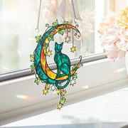 Cat on Crescent Moon Window Hanging – Starry Night Suncatcher Gift for Cat Lovers image 1