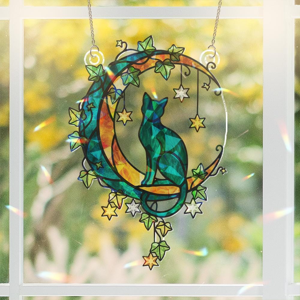 Cat on Crescent Moon Window Hanging – Starry Night Suncatcher Gift for Cat Lovers image 5