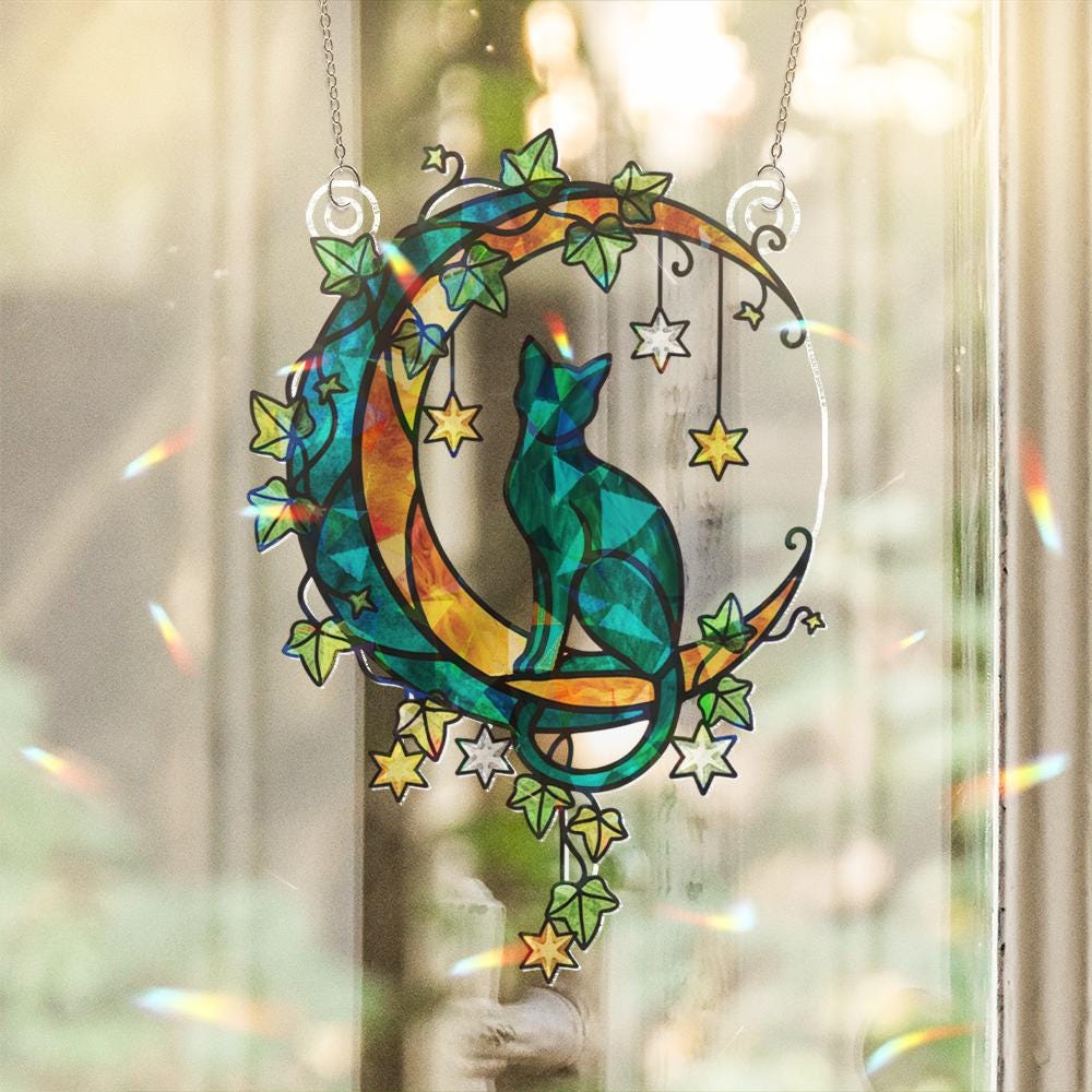 Cat on Crescent Moon Window Hanging – Starry Night Suncatcher Gift for Cat Lovers image 4