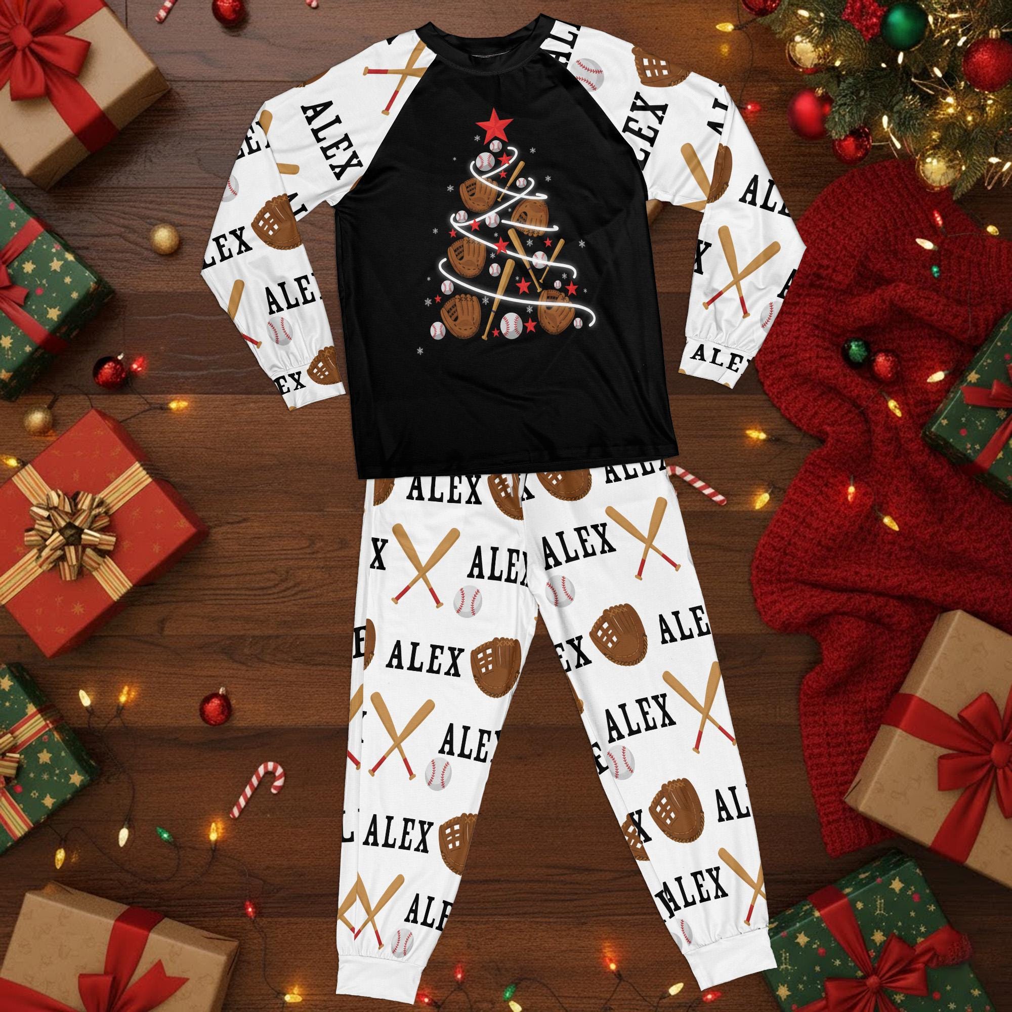 Custom Baseball Christmas Pajama Set: Personalized Name & Number Holiday Sleepwear image 1
