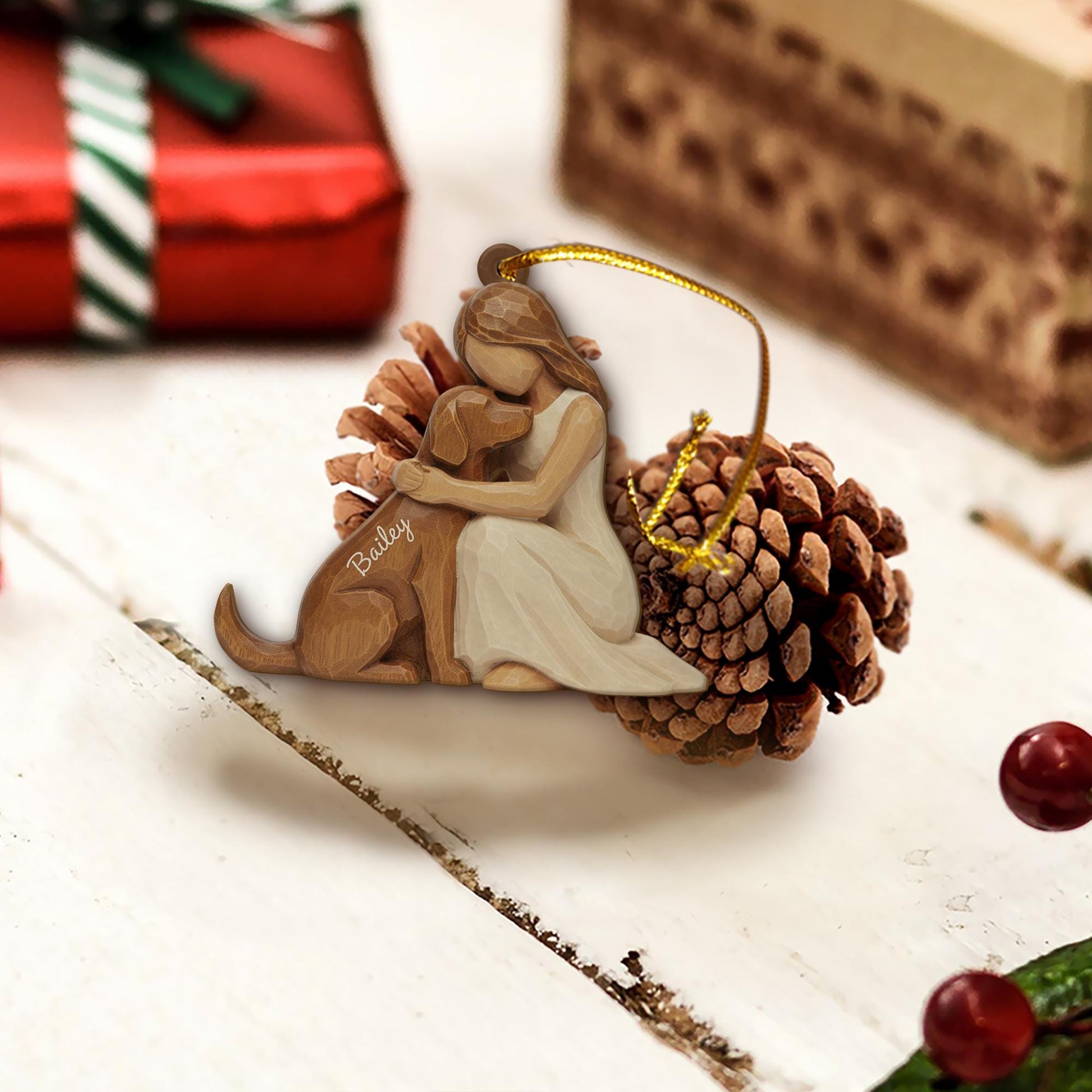 Personalised Ornament Woman & Dog Hugging – Pet Owner Keepsake image 3