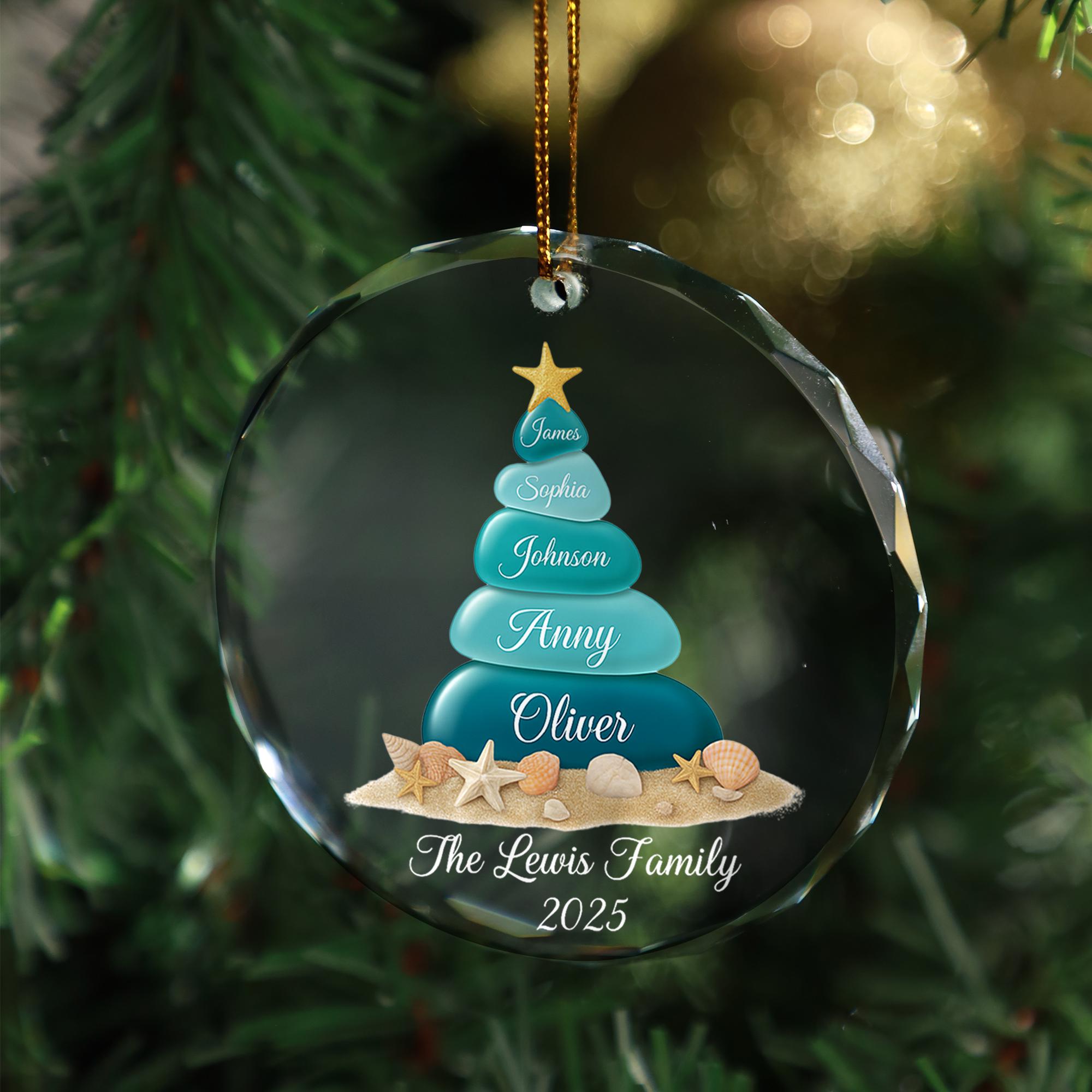 Personalised Glass Ornament Beach Pebble Tree Design – Custom Family Name Hanging Decoration image 1