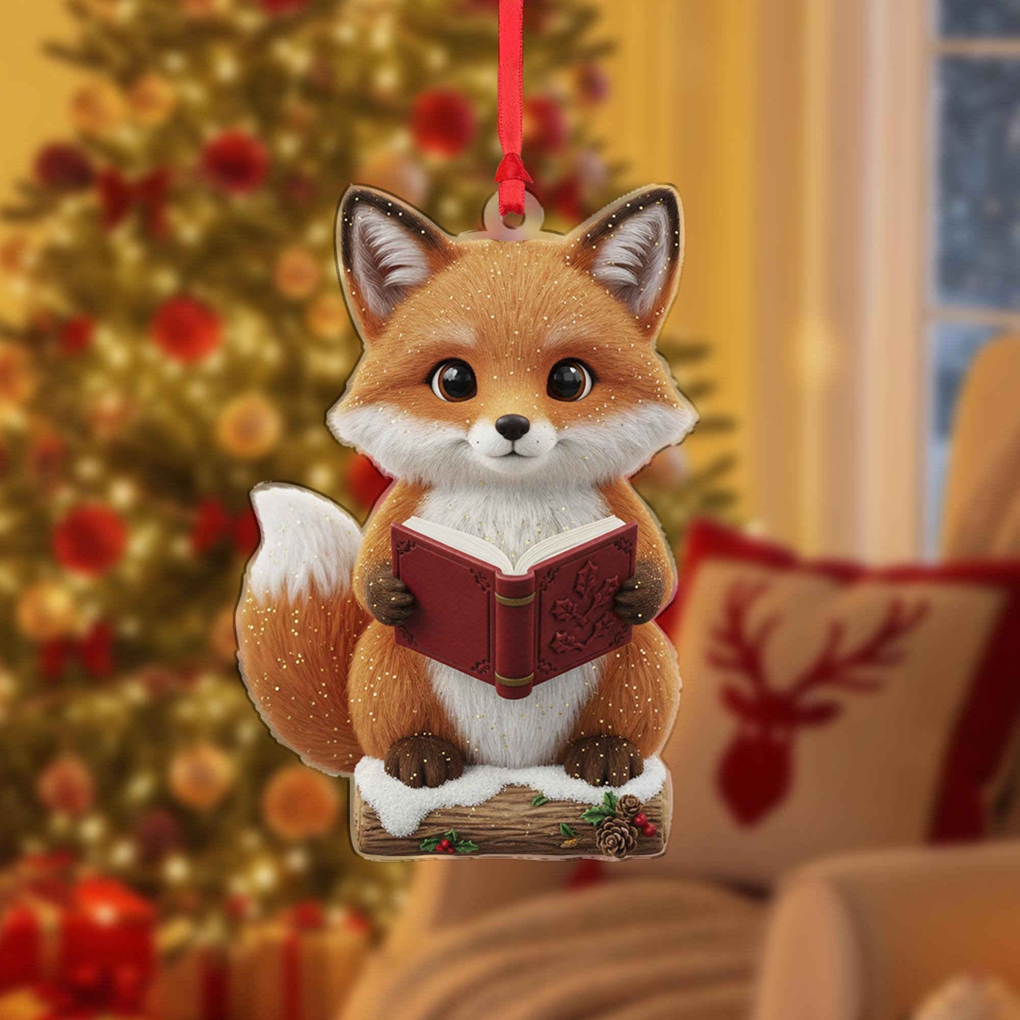 Reading Fox Christmas Tree Ornament, Woodland Holiday Decoration image 2