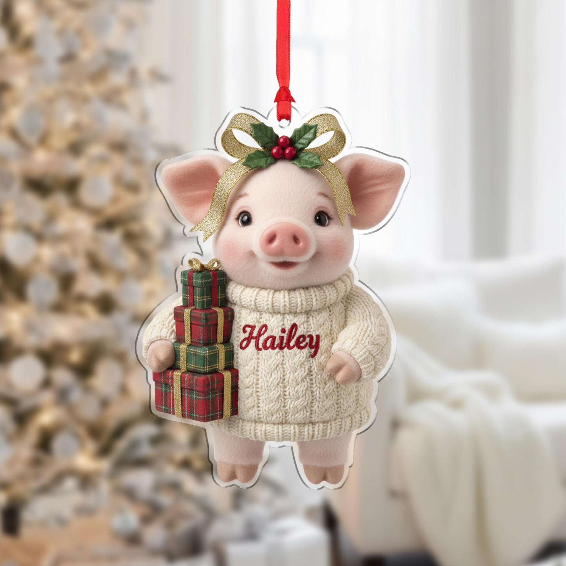 Personalized Pig Christmas Tree Ornament, Holiday Animal Decoration image 3