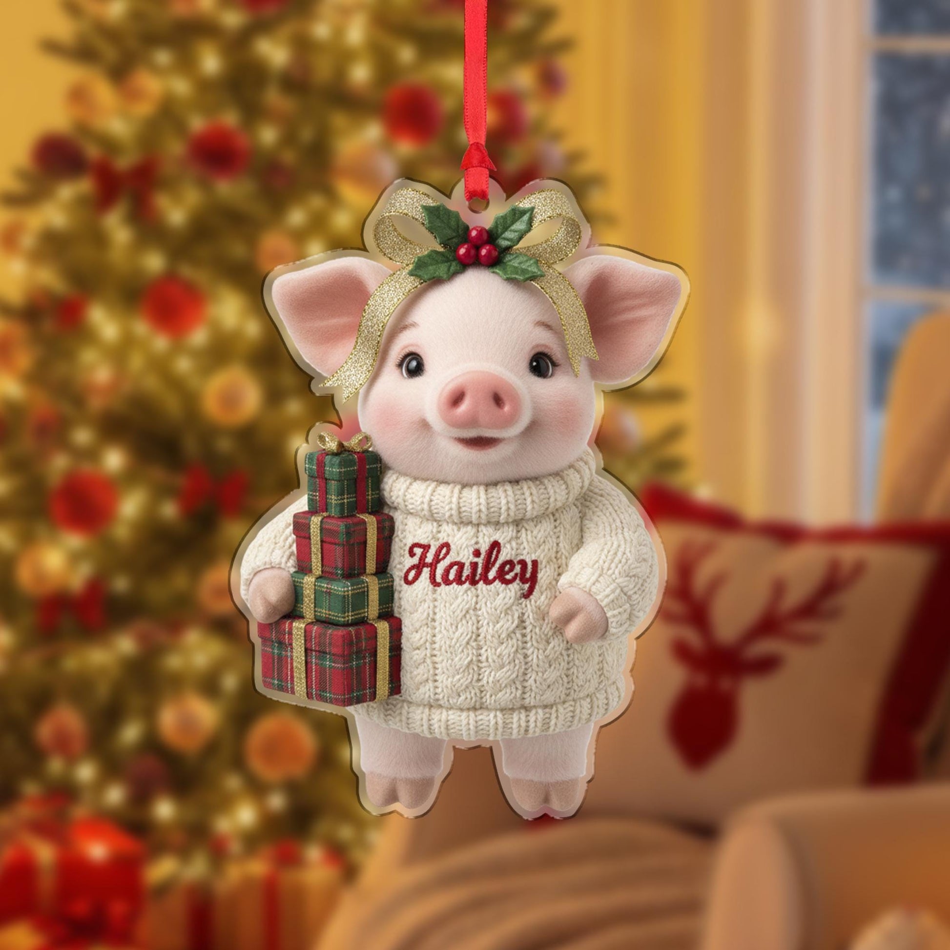 Personalized Pig Christmas Tree Ornament, Holiday Animal Decoration image 2