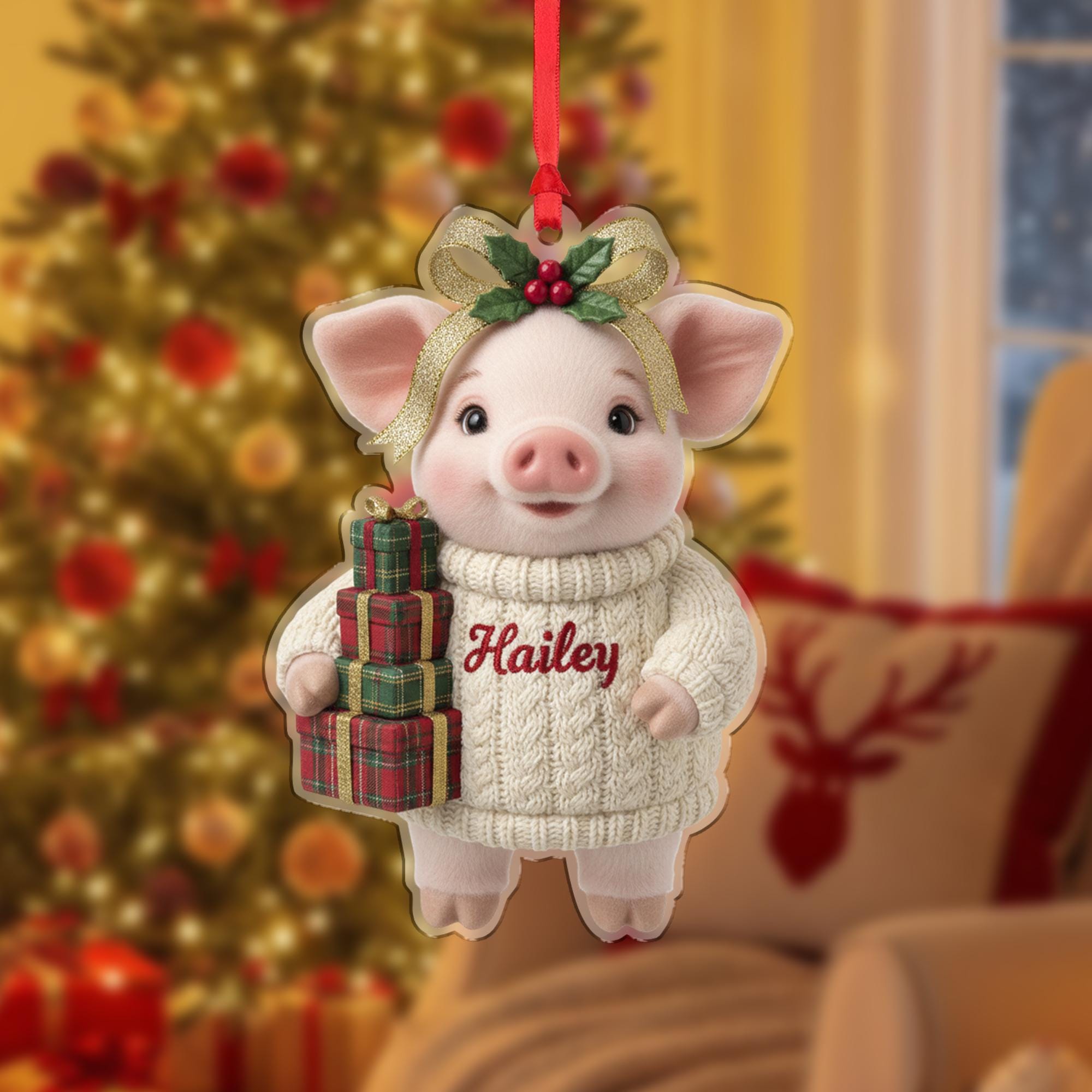 Personalized Pig Christmas Tree Ornament, Holiday Animal Decoration image 2