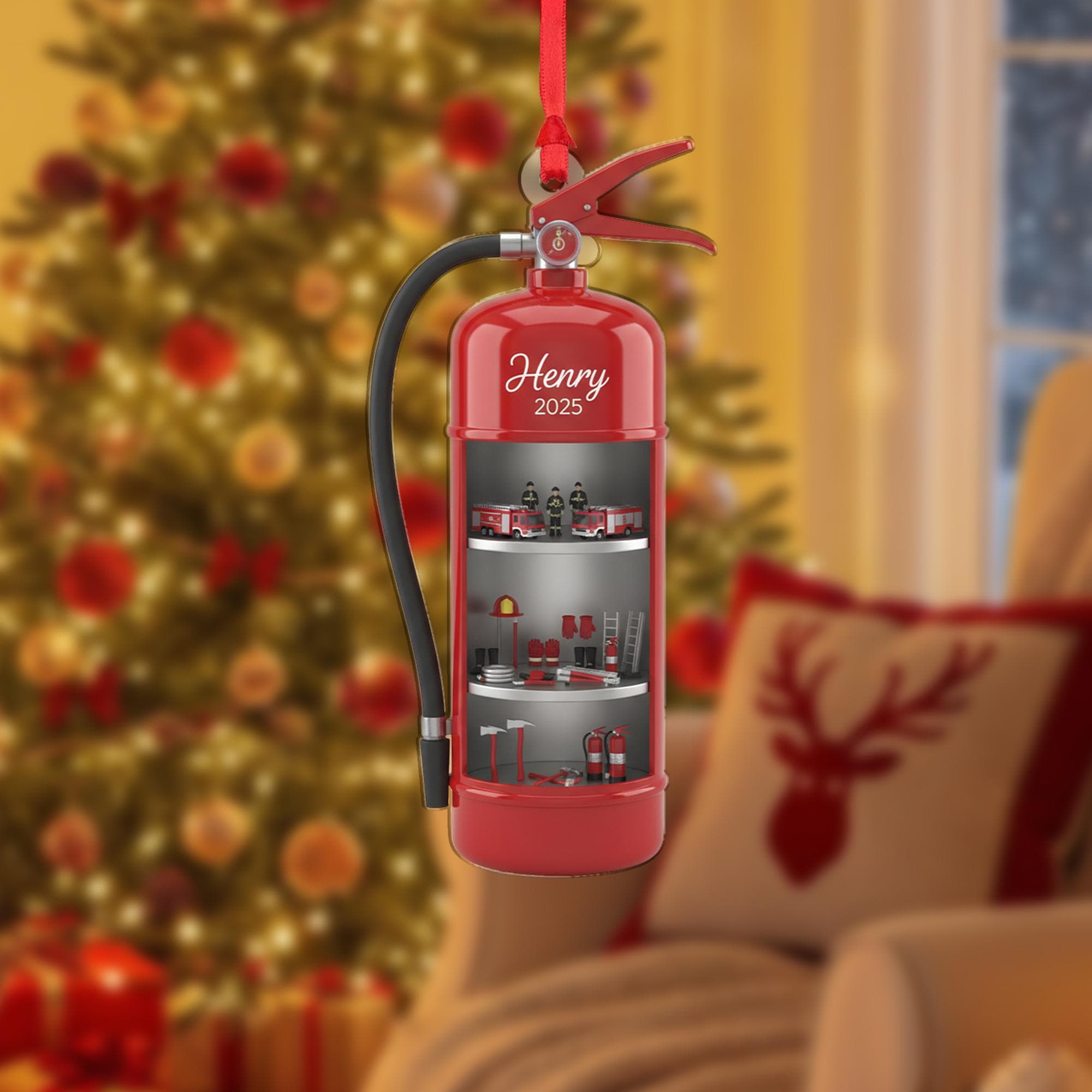 Personalized Fire Extinguisher Ornament: Diorama with Firefighter Theme, Miniature Scene image 2