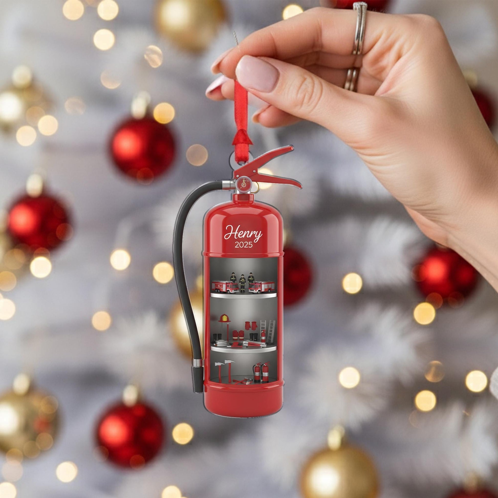Personalized Fire Extinguisher Ornament: Diorama with Firefighter Theme, Miniature Scene image 6