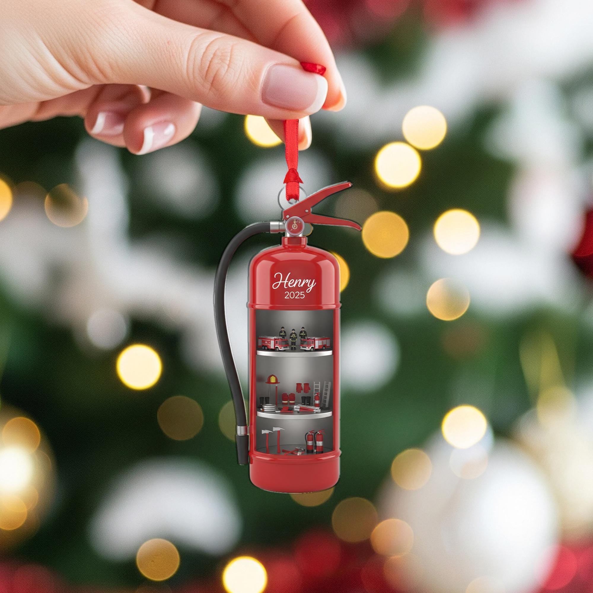 Personalized Fire Extinguisher Ornament: Diorama with Firefighter Theme, Miniature Scene image 5