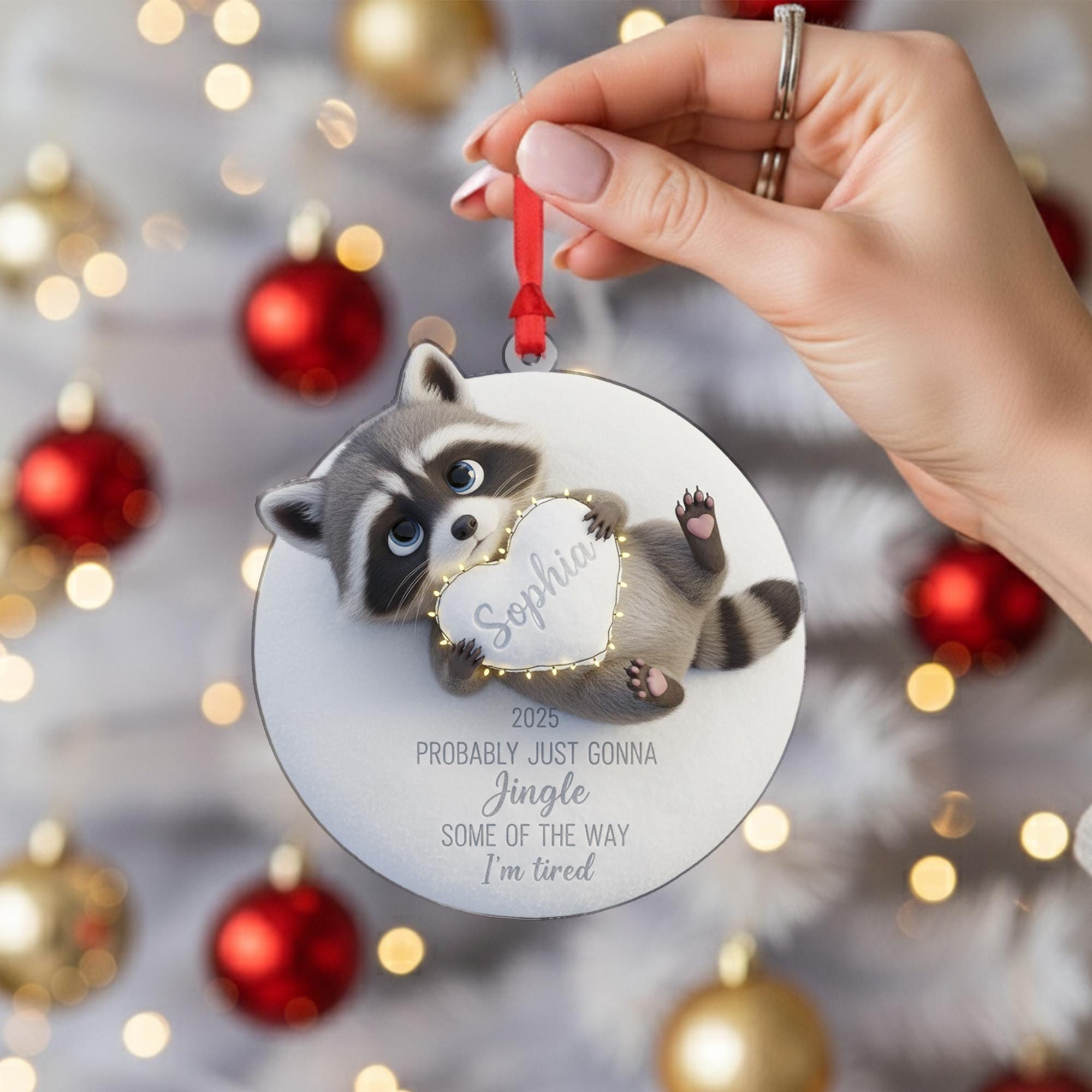 Personalized Raccoon Ornament: Funny 'I'm Tired' Quote, Custom Name Heart, 3D Effect image 6