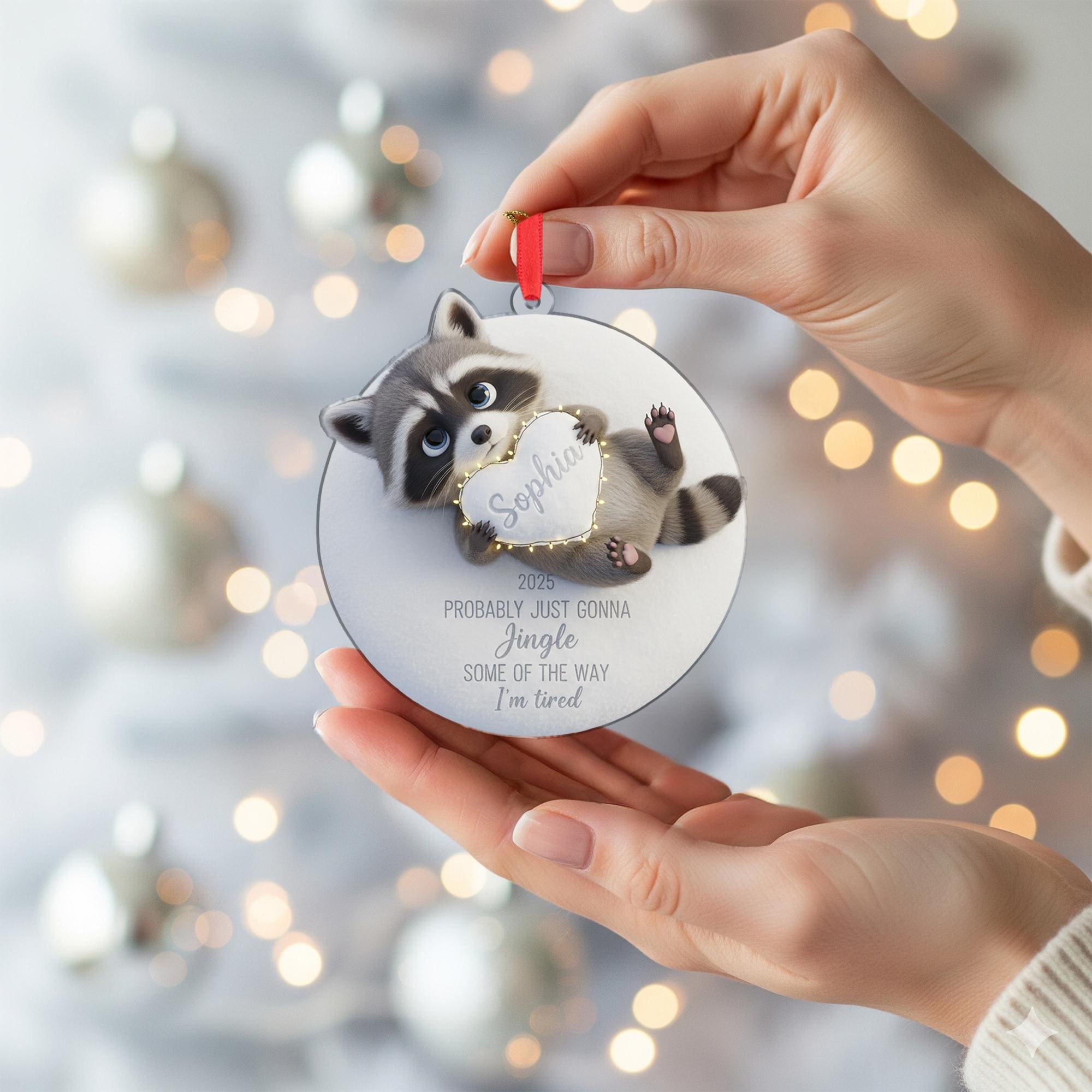 Personalized Raccoon Ornament: Funny 'I'm Tired' Quote, Custom Name Heart, 3D Effect image 4