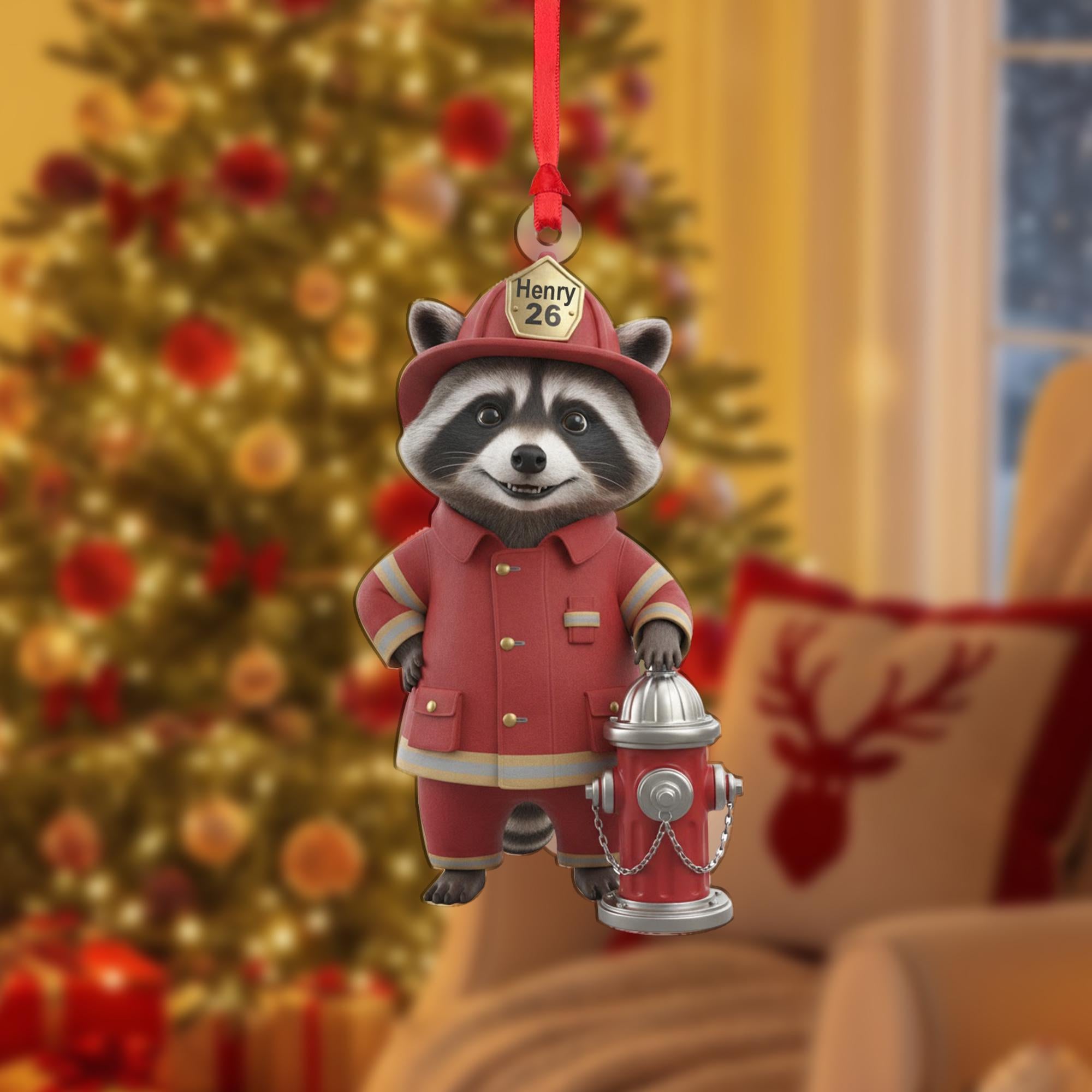 Personalized Raccoon Ornament: Firefighter Uniform, Custom Name and Number, Woodland Animal image 2