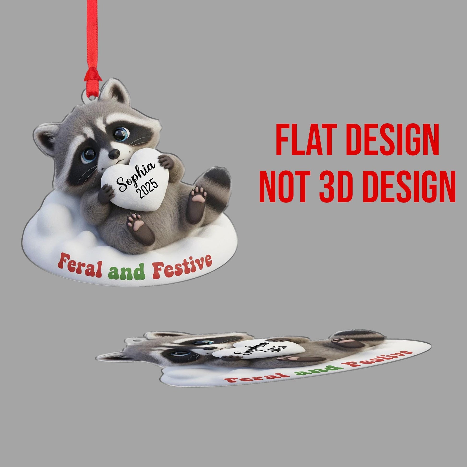 Personalized Raccoon Ornament: 'Feral and Festive' Quote, Custom Name Heart, 3D Effect image 3