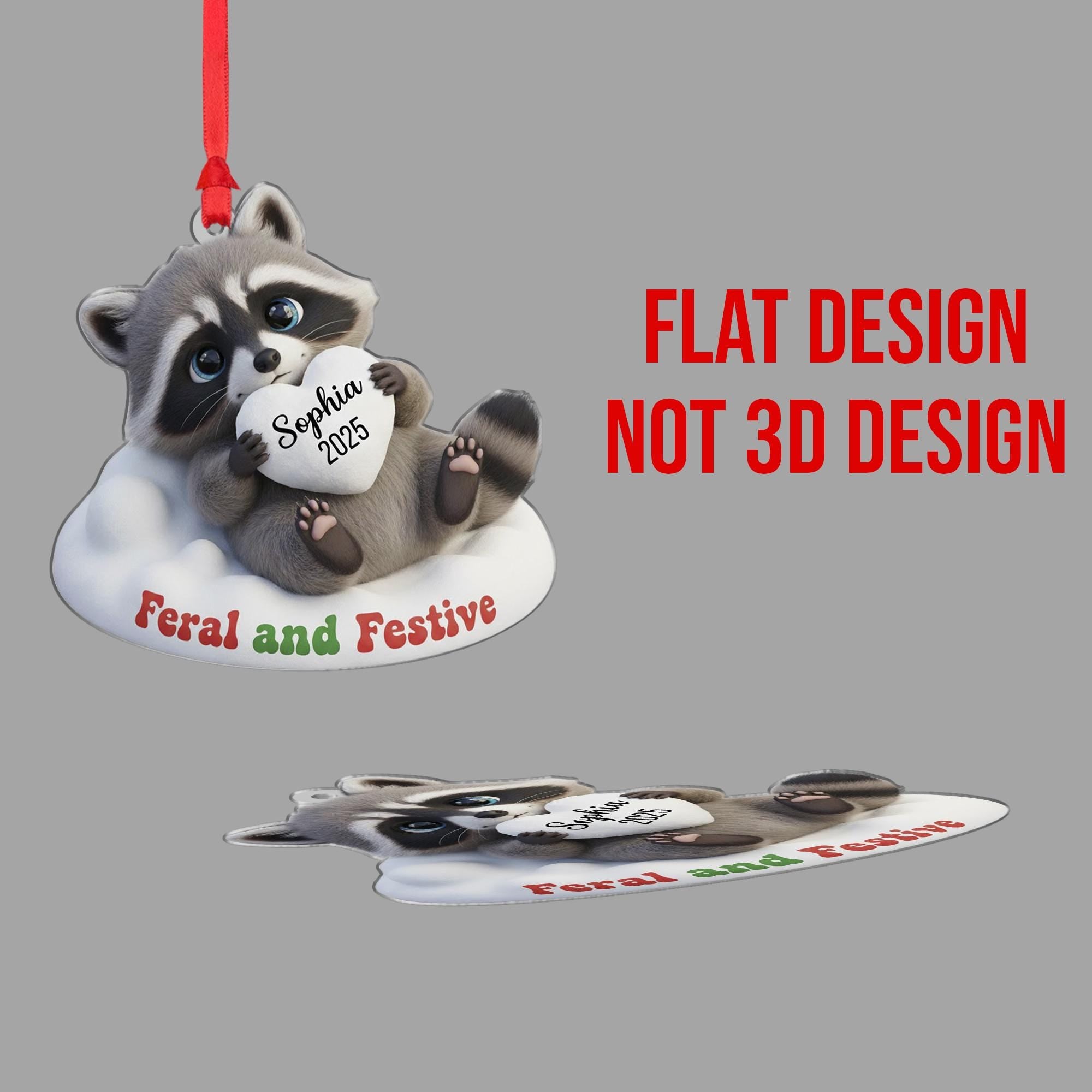 Personalized Raccoon Ornament: 'Feral and Festive' Quote, Custom Name Heart, 3D Effect image 3