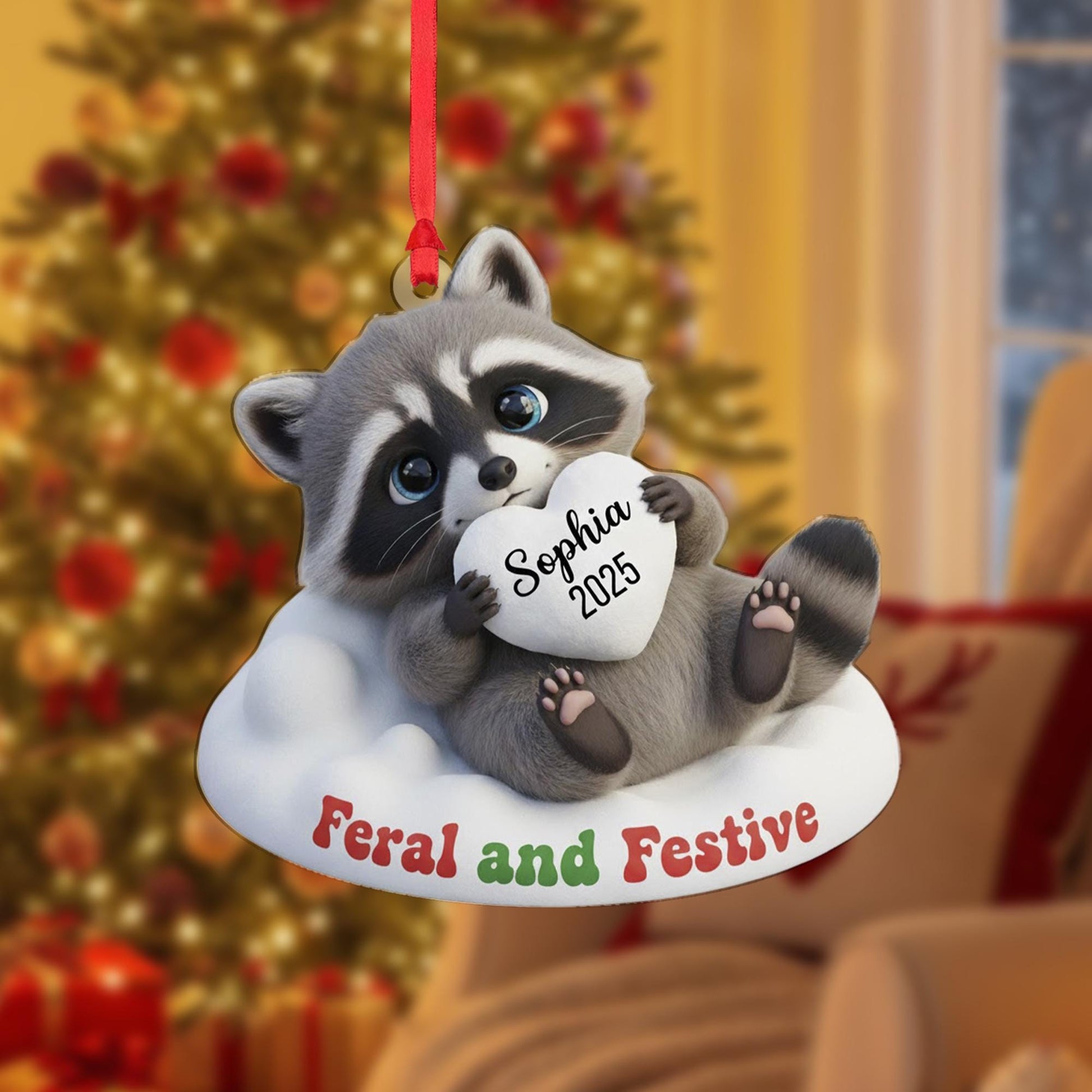 Personalized Raccoon Ornament: 'Feral and Festive' Quote, Custom Name Heart, 3D Effect image 1