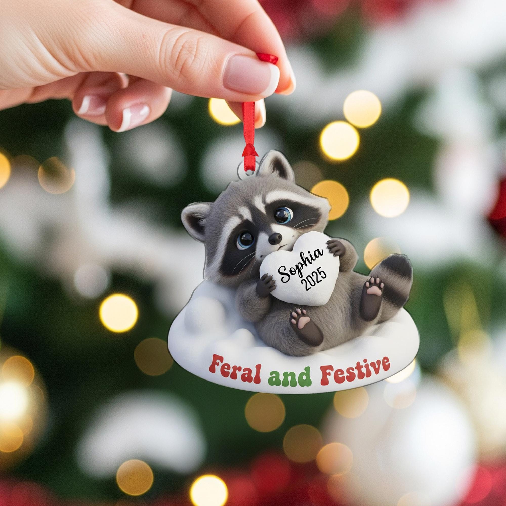 Personalized Raccoon Ornament: 'Feral and Festive' Quote, Custom Name Heart, 3D Effect image 5