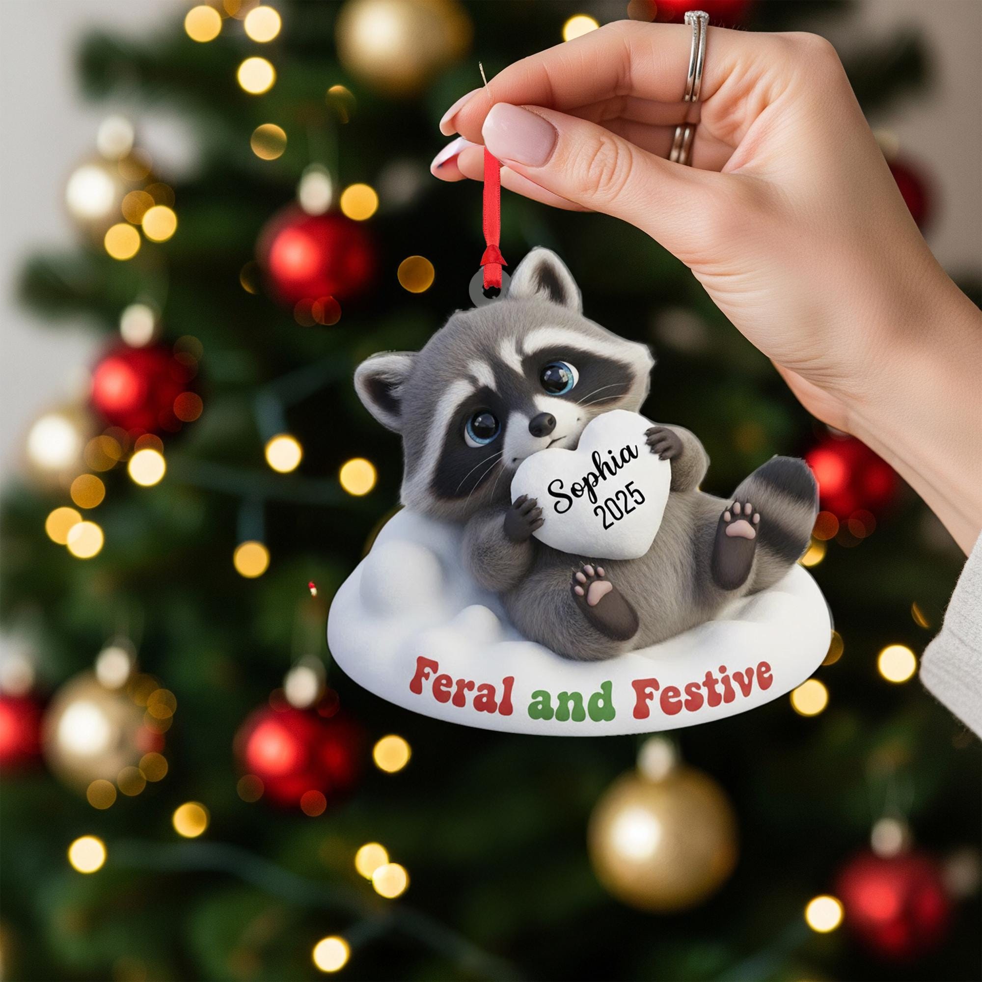 Personalized Raccoon Ornament: 'Feral and Festive' Quote, Custom Name Heart, 3D Effect image 7