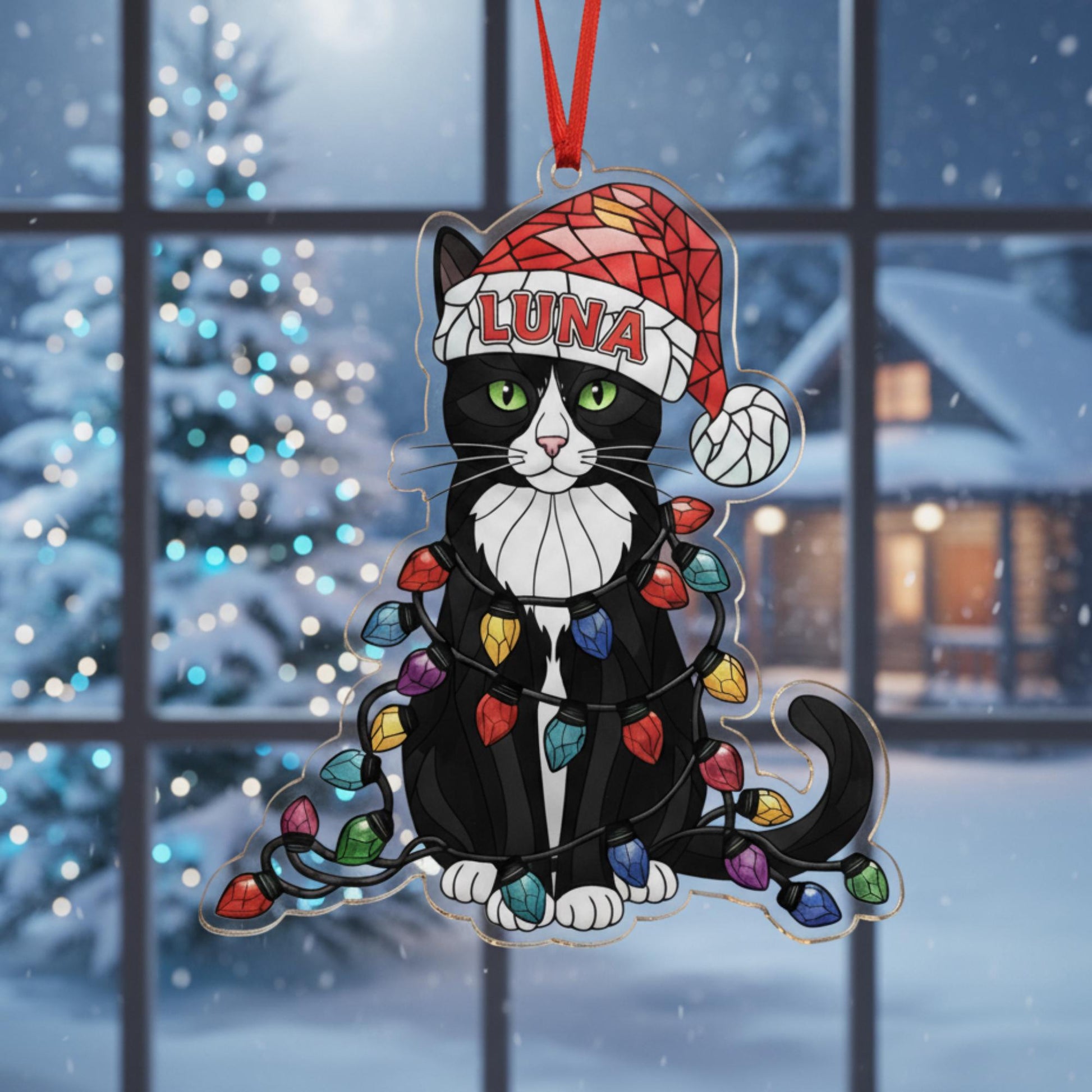 Custom Tuxedo Cat Ornament – Personalized Black & White Cat Acrylic Tree Decoration image 4
