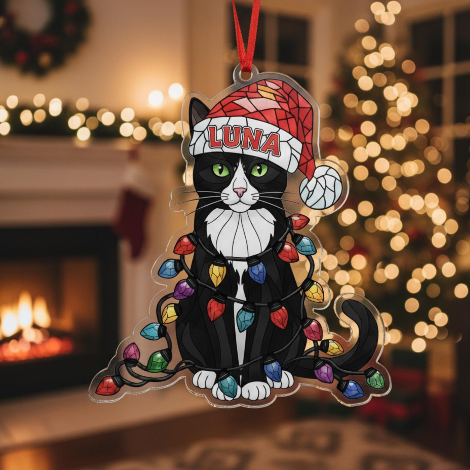 Custom Tuxedo Cat Ornament – Personalized Black & White Cat Acrylic Tree Decoration image 3