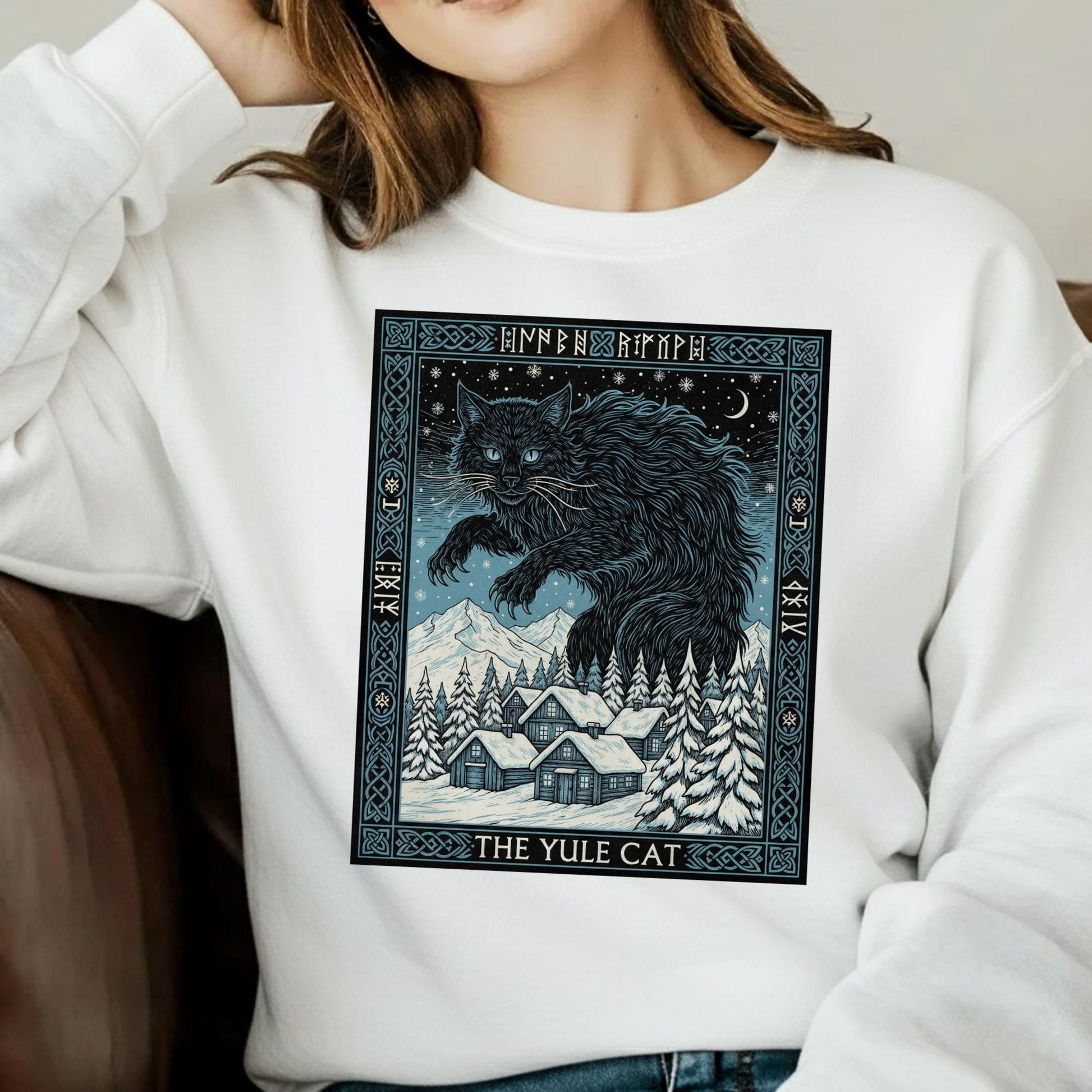 Yule Cat Tarot Shirt – Winter Solstice Black Cat Sweatshirt image 1