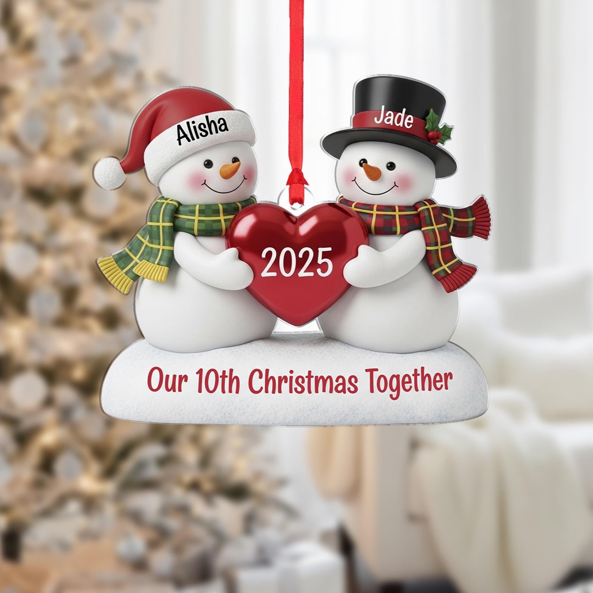 Personalized Snowman Couple Ornament: Custom Names, 10th Anniversary Gift, 2025 image 1