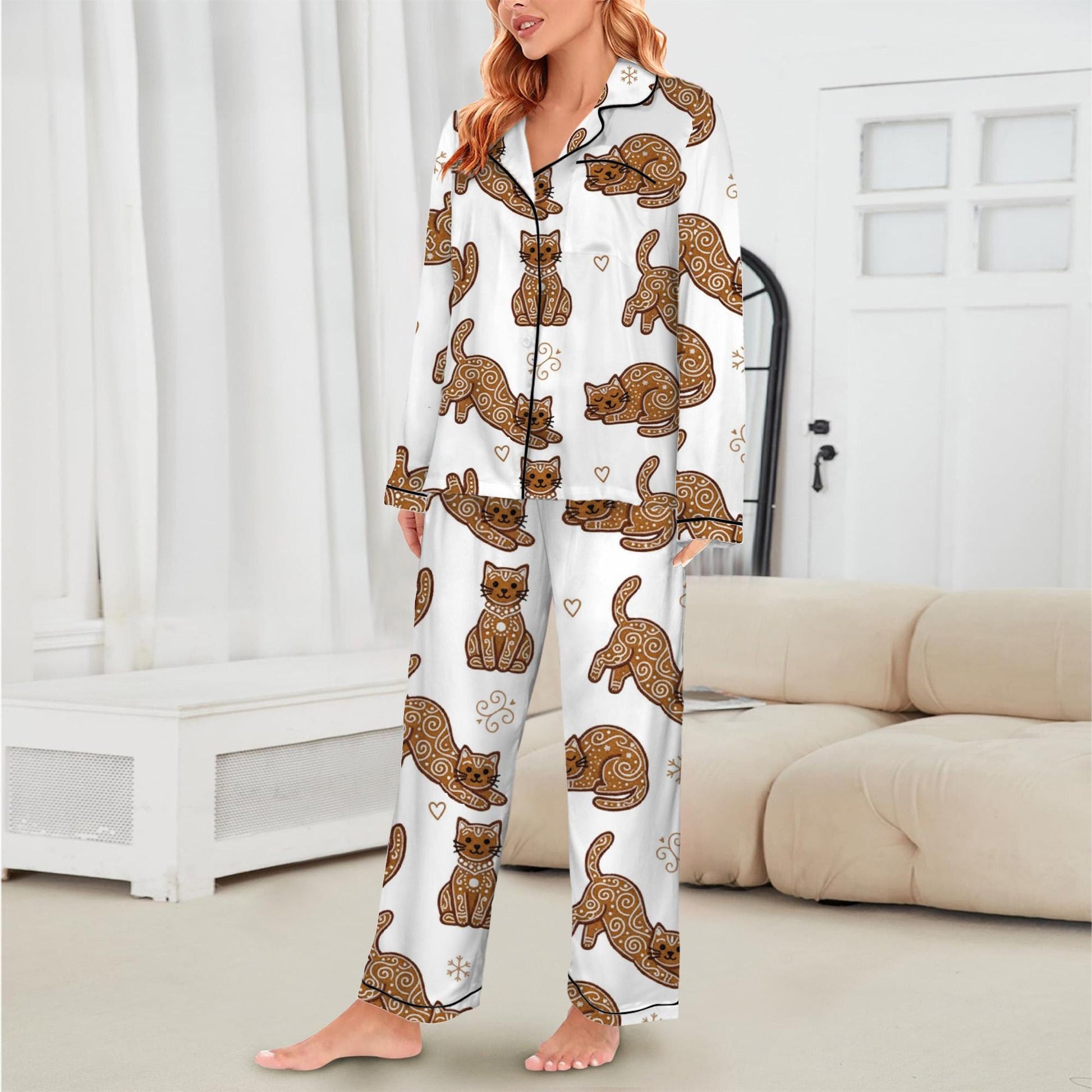 Gingerbread Cat Christmas Pajama Set: Cozy Satin Sleepwear image 3