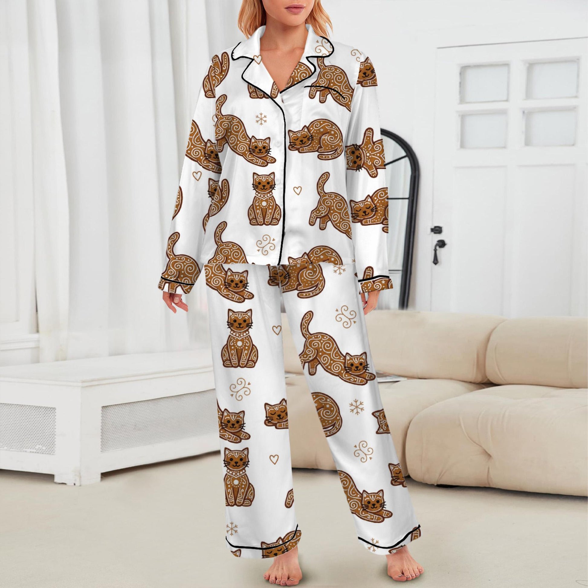 Gingerbread Cat Christmas Pajama Set: Cozy Satin Sleepwear image 1