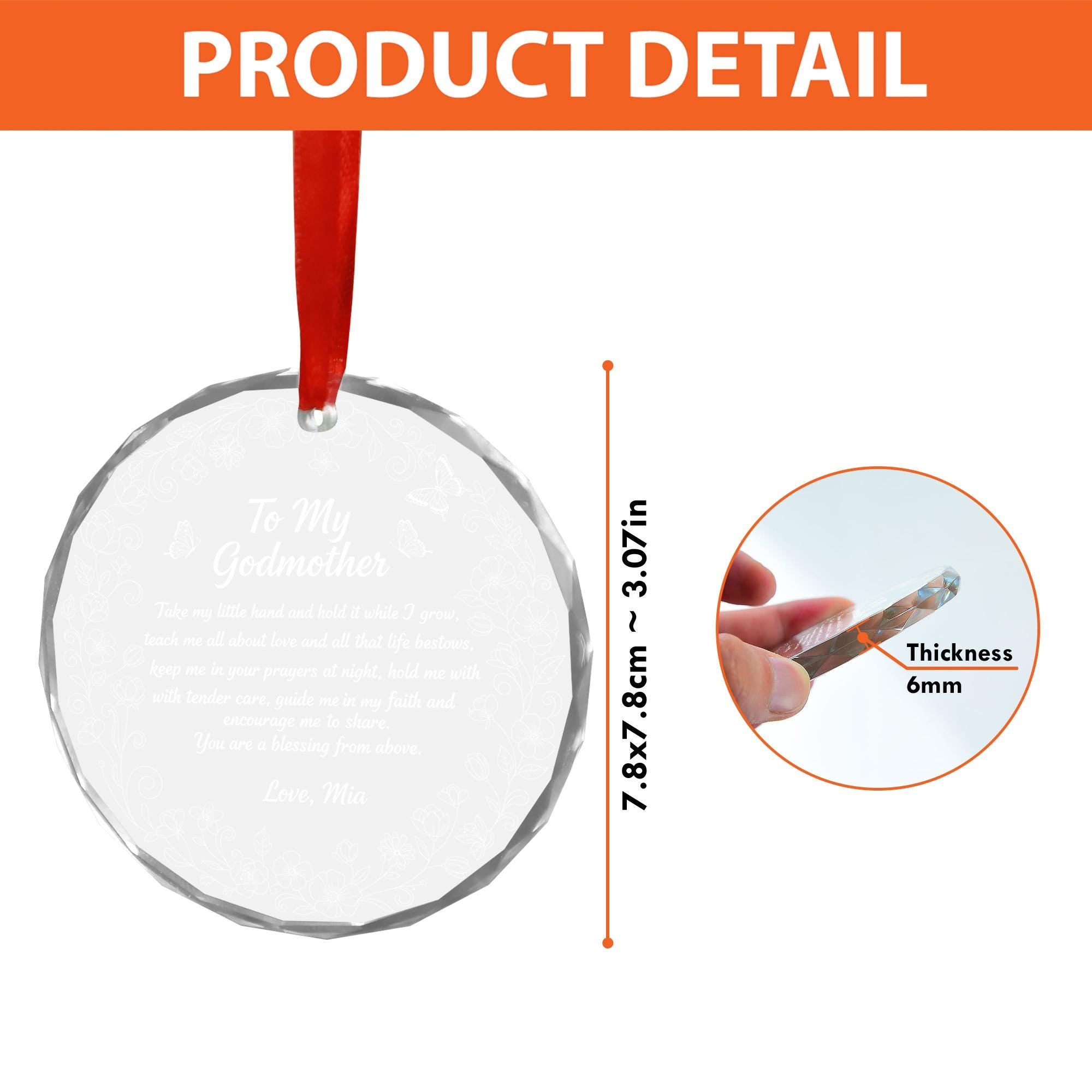 Glass Ornament – To My Godmother Poem Design with Floral Border and Red Ribbon image 2