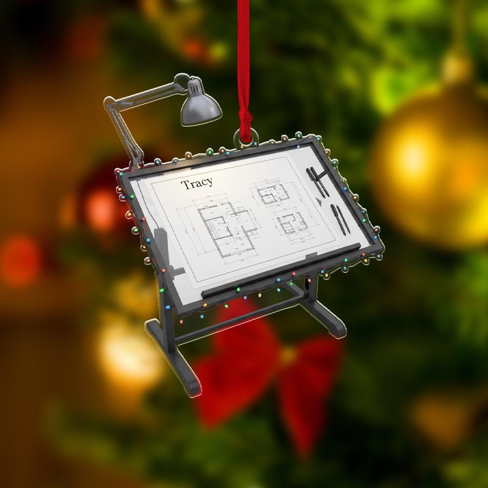 Architect Christmas Ornament – Custom Name Blueprint Desk Decoration, Drafting Table Gift for Designers image 3