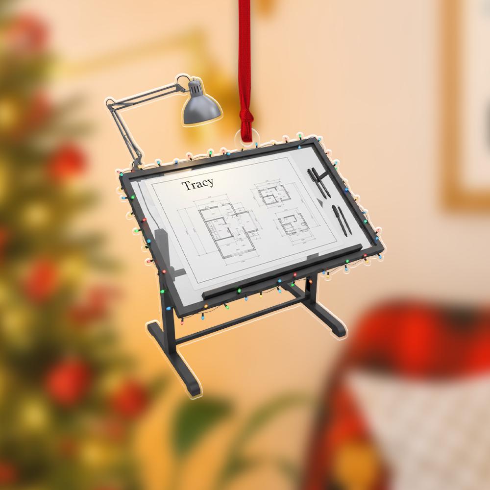 Architect Christmas Ornament – Custom Name Blueprint Desk Decoration, Drafting Table Gift for Designers image 2