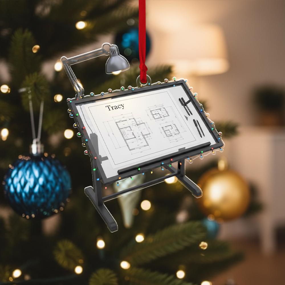 Architect Christmas Ornament – Custom Name Blueprint Desk Decoration, Drafting Table Gift for Designers image 5