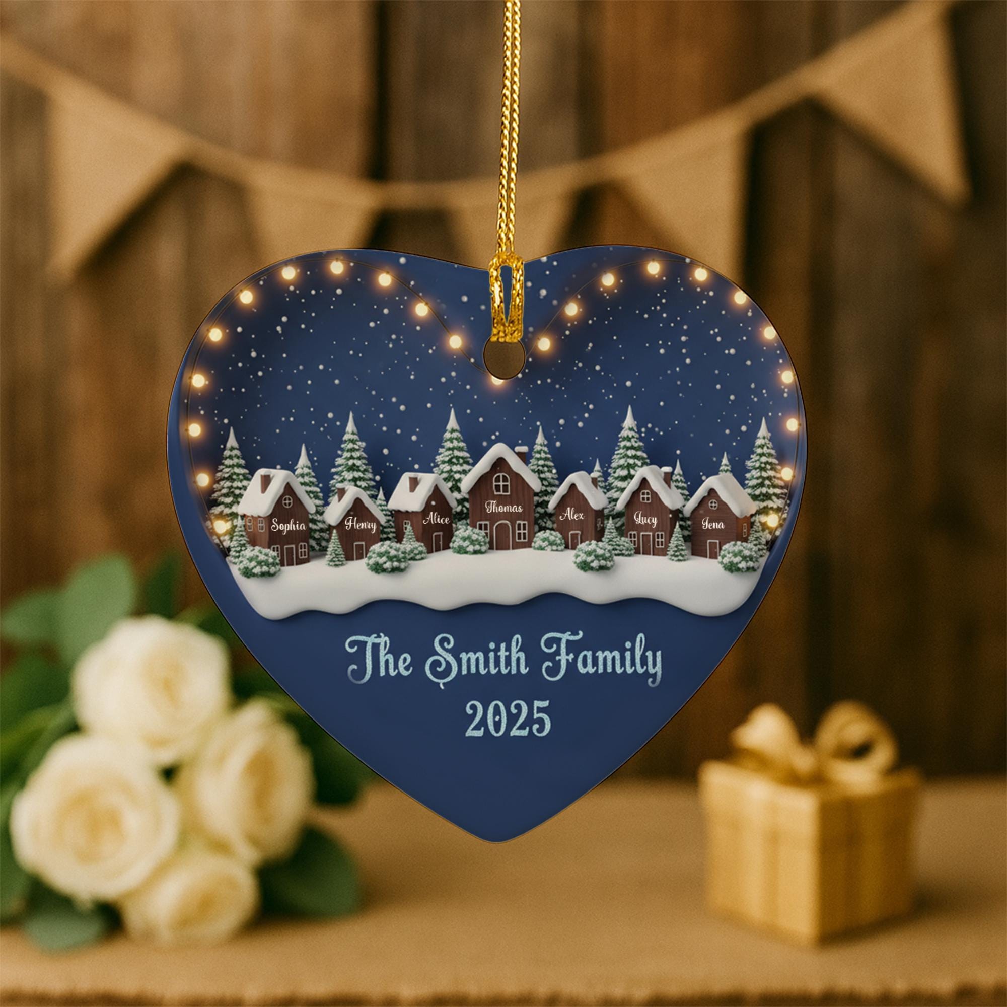 Personalized Family Name Ornament: Custom Village Houses, Ceramic Heart, 2025 image 2