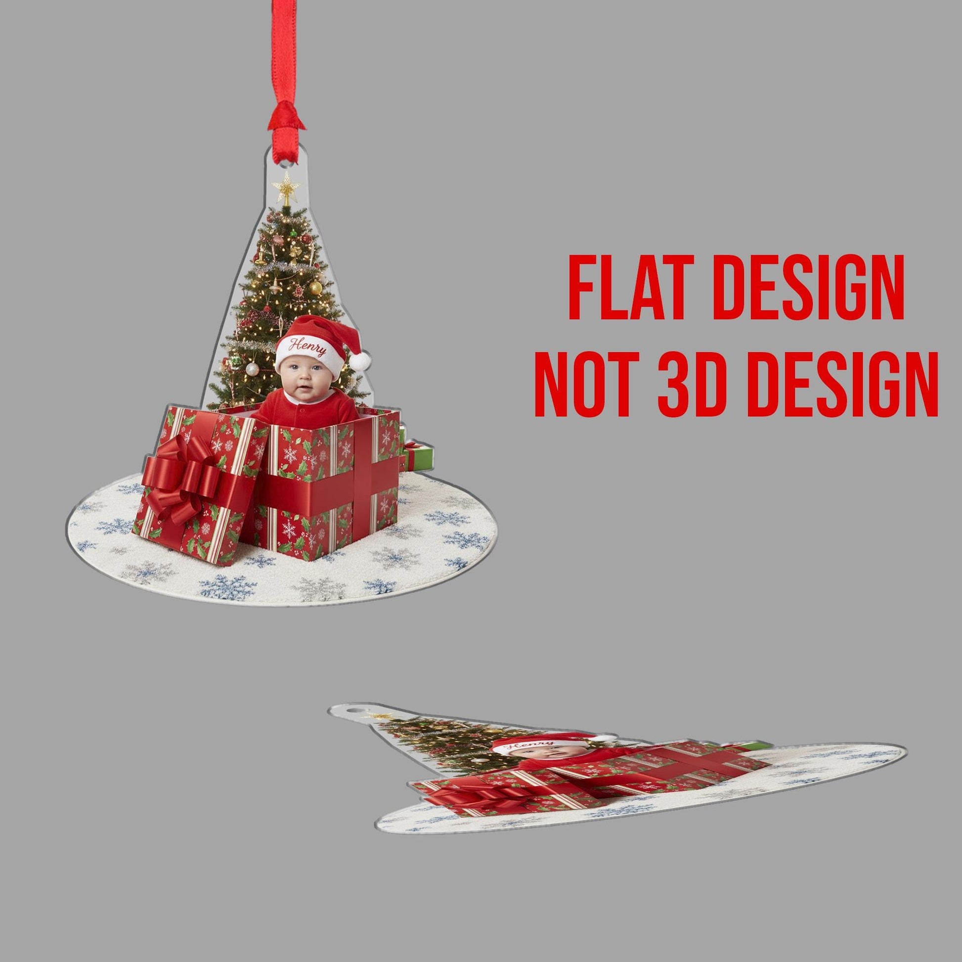 Personalized Acrylic Ornament: Custom Baby Photo, Name in Santa Hat, Gift Box Design image 4