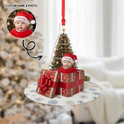 Personalized Acrylic Ornament: Custom Baby Photo, Name in Santa Hat, Gift Box Design image 1