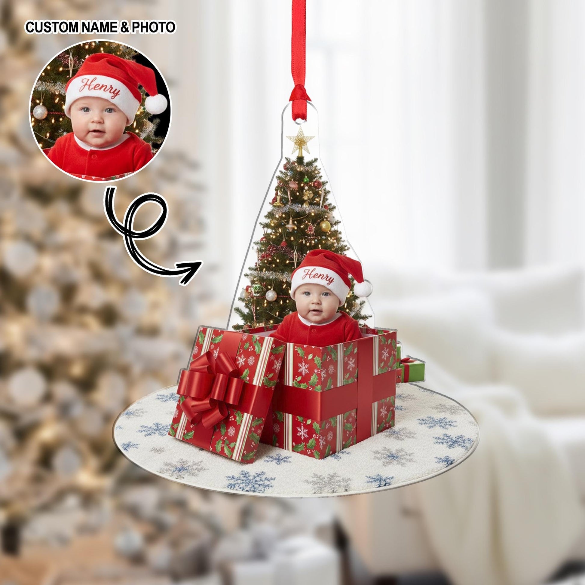 Personalized Acrylic Ornament: Custom Baby Photo, Name in Santa Hat, Gift Box Design image 1
