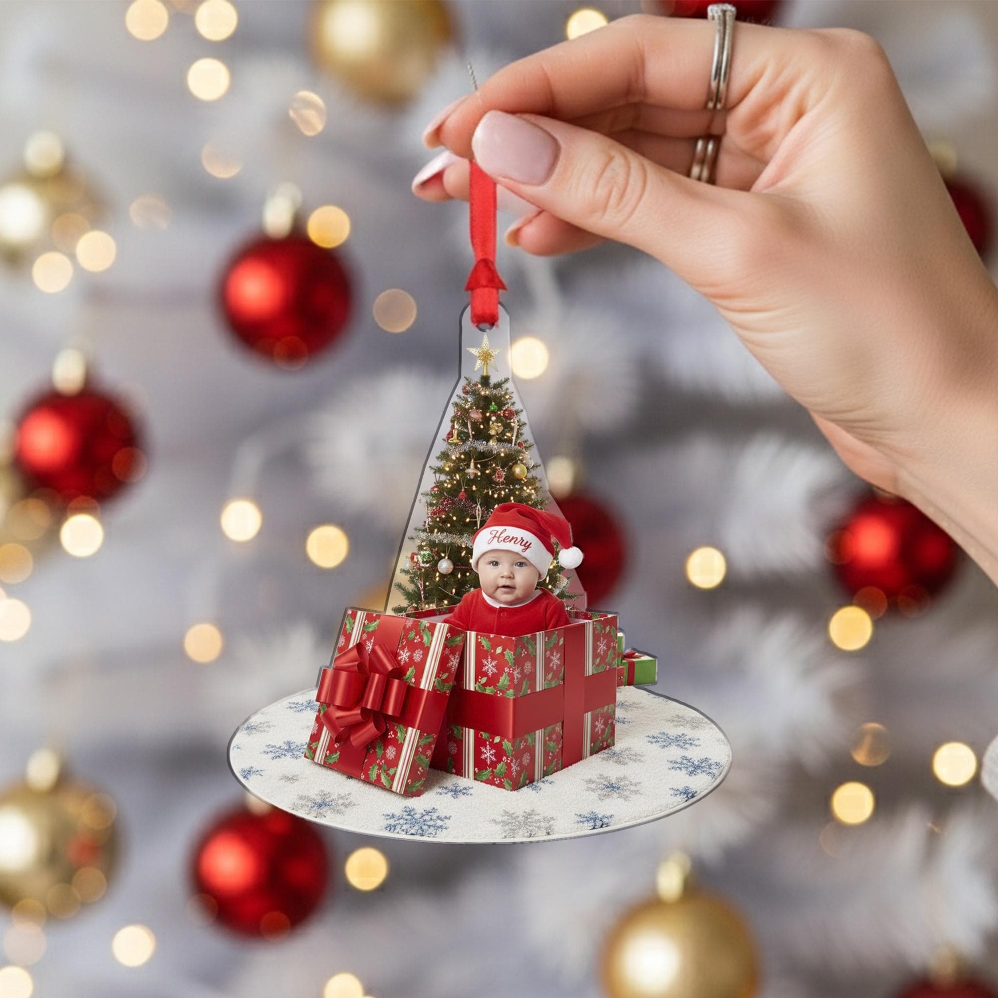 Personalized Acrylic Ornament: Custom Baby Photo, Name in Santa Hat, Gift Box Design image 8