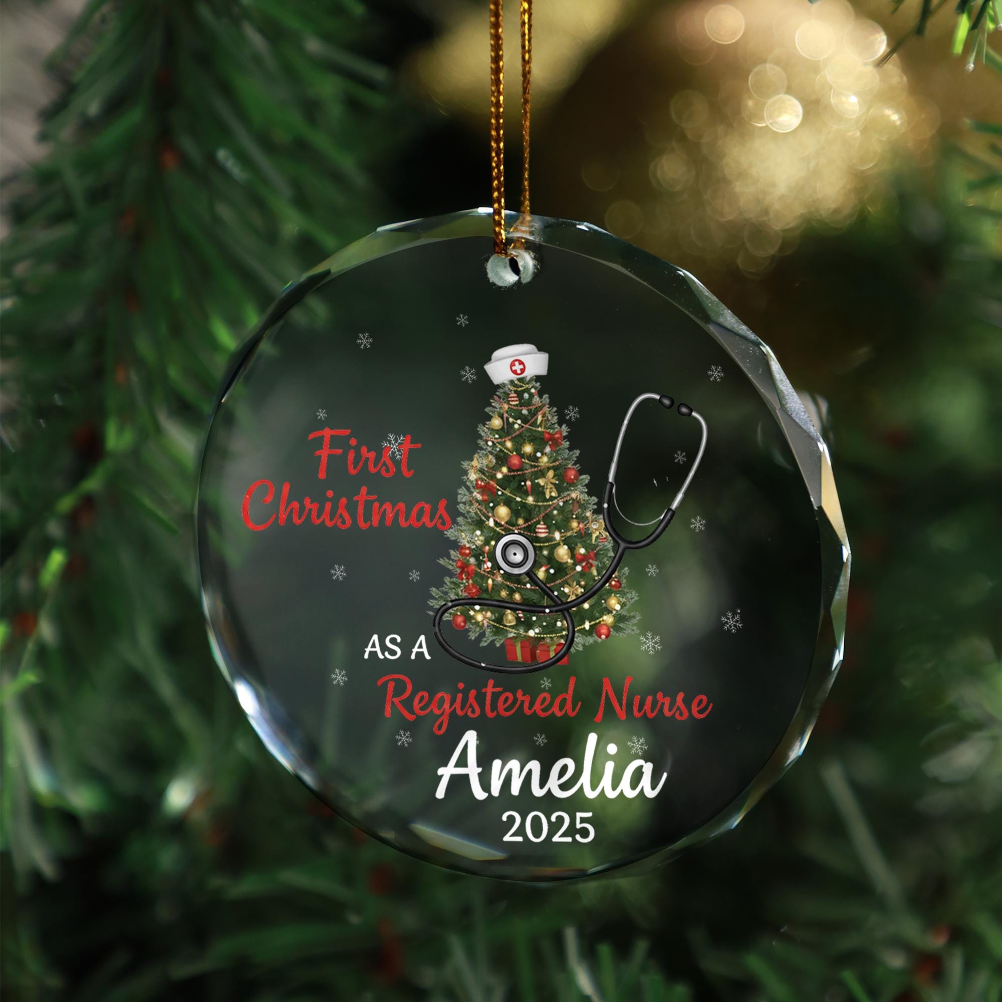 Personalized Glass Ornament – First Christmas as a Registered Nurse Design with Tree and Stethoscope image 1