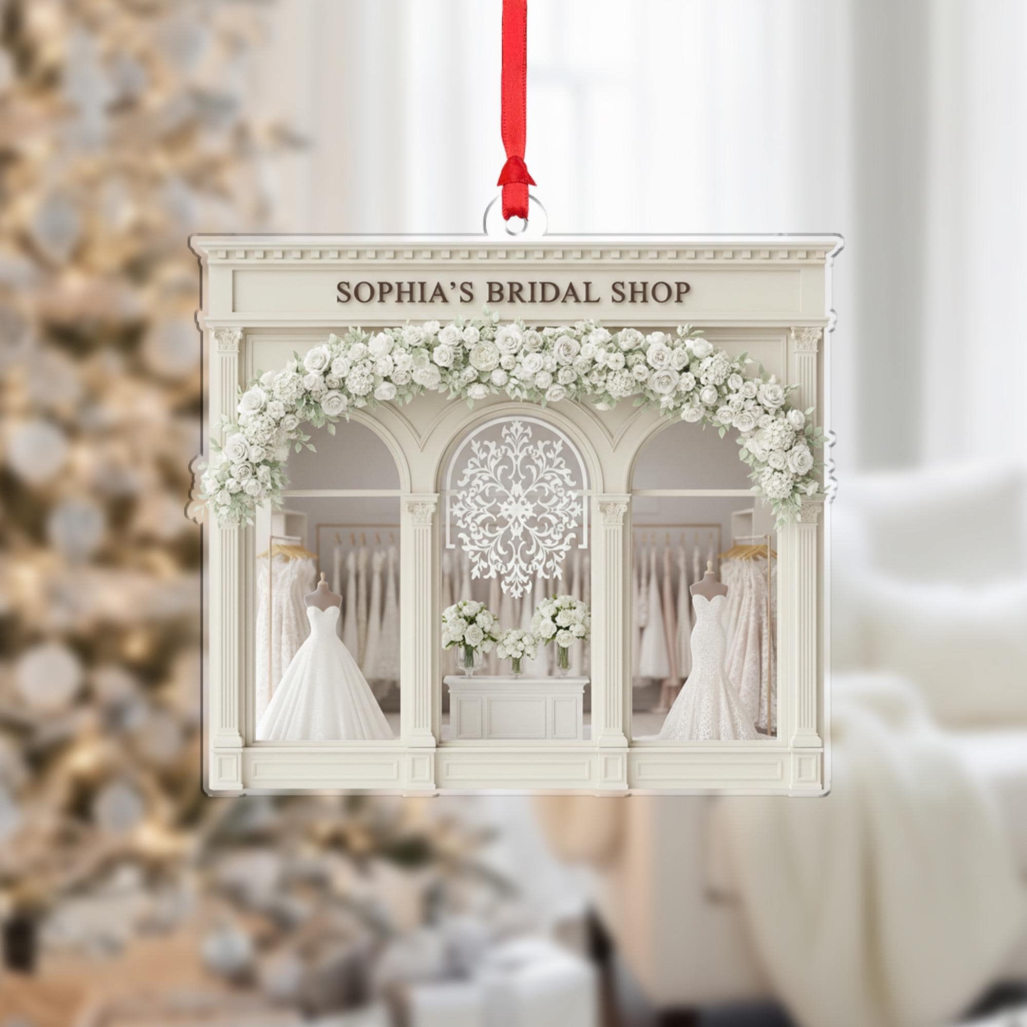 Personalized Bridal Shop Ornament – Custom Name Acrylic Decoration with Wedding Dress Display image 2