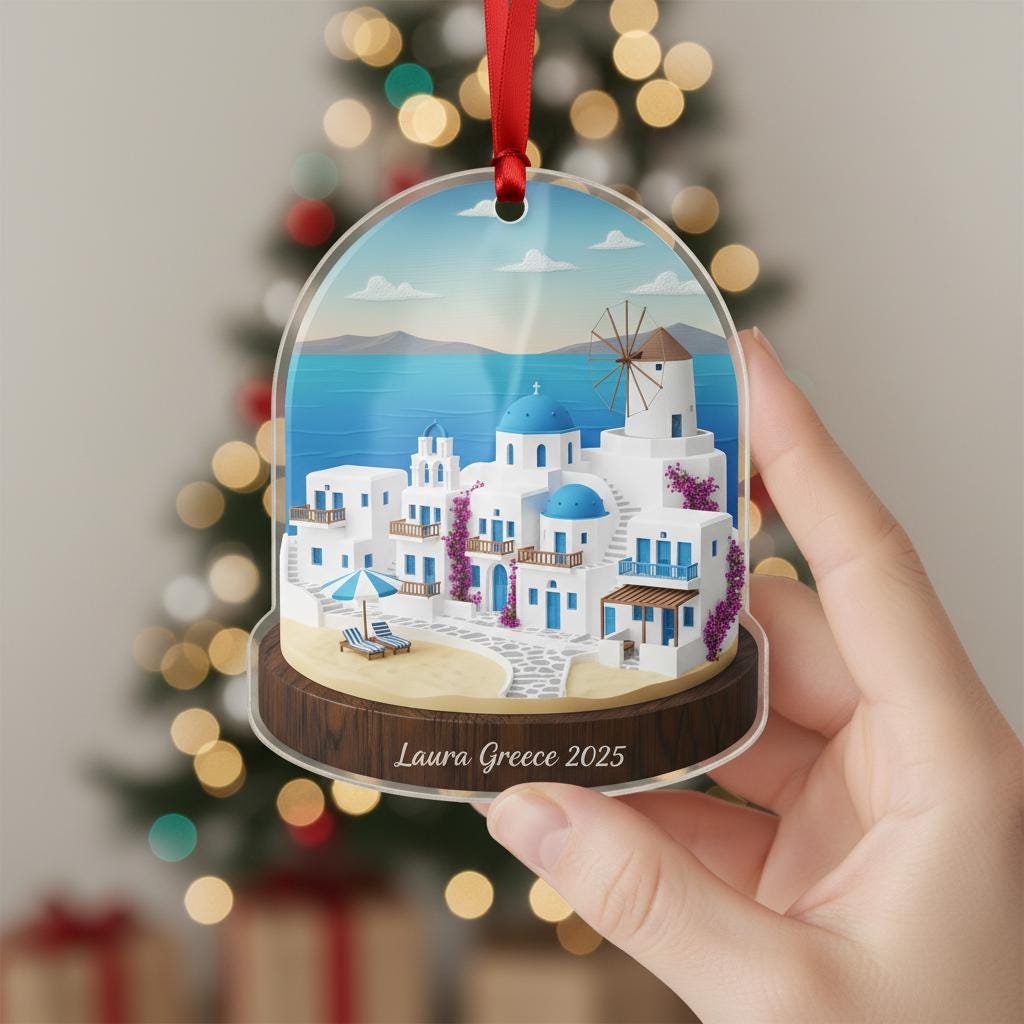 Greece Travel Ornament 2025: Personalized Adventure Keepsake with Name, Beach Trip Ornament image 1